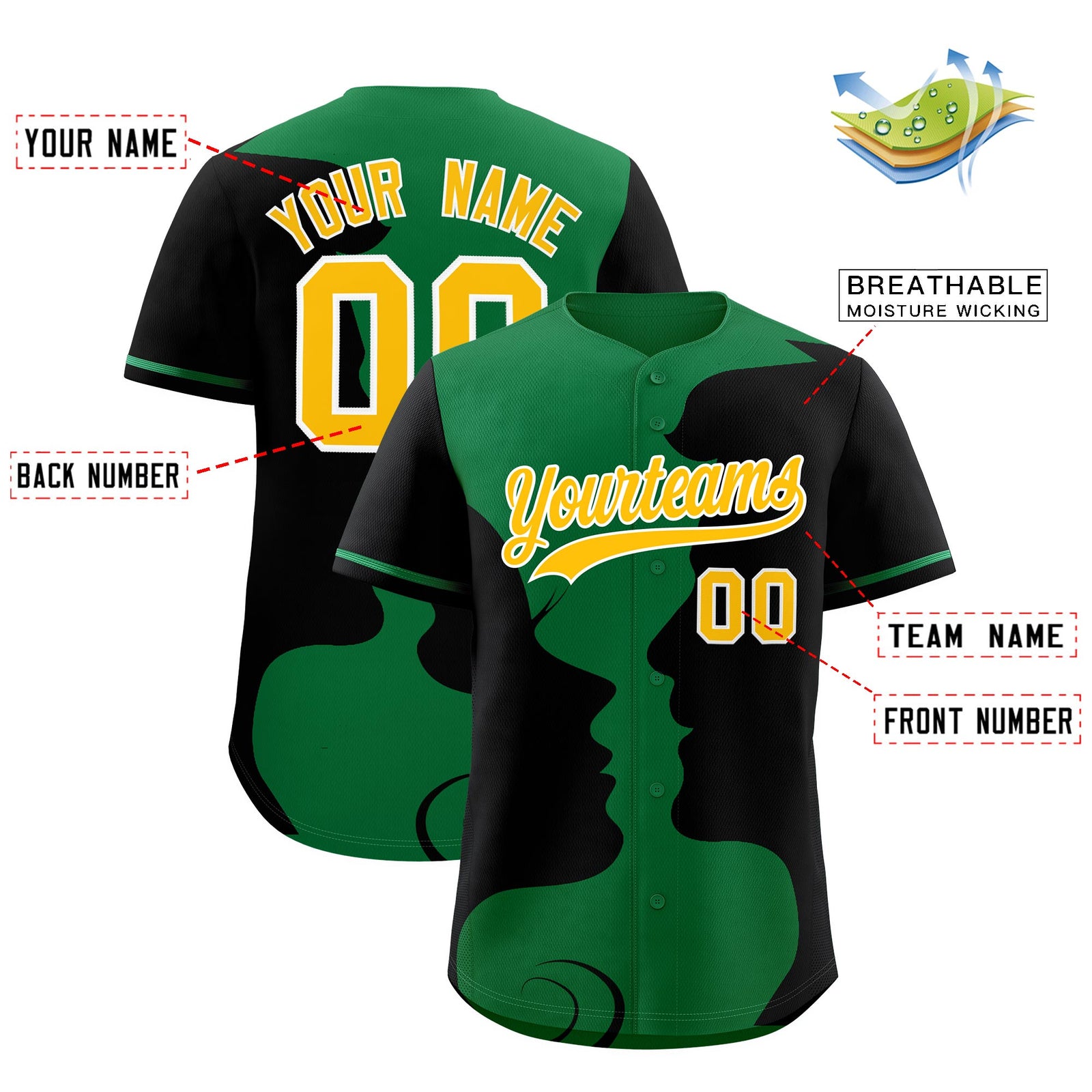 Custom Kelly Green Black Silhouettes of Loving Couple Valentine's Day Baseball Jersey| KXKSHOP