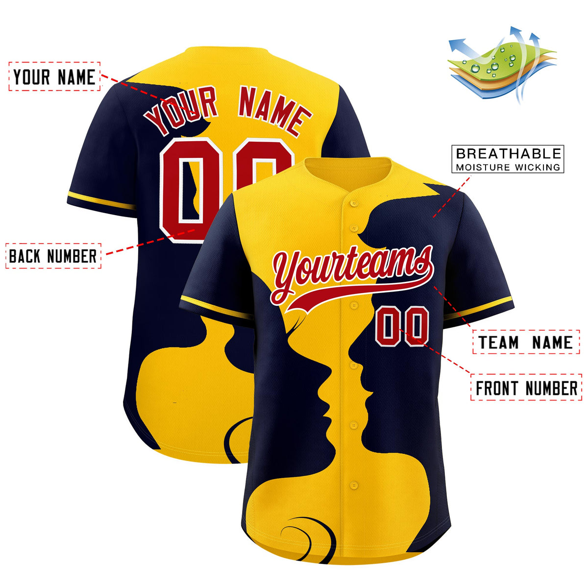Custom Gold Navy Silhouettes of Loving Couple Valentine's Day Baseball Jersey| KXKSHOP