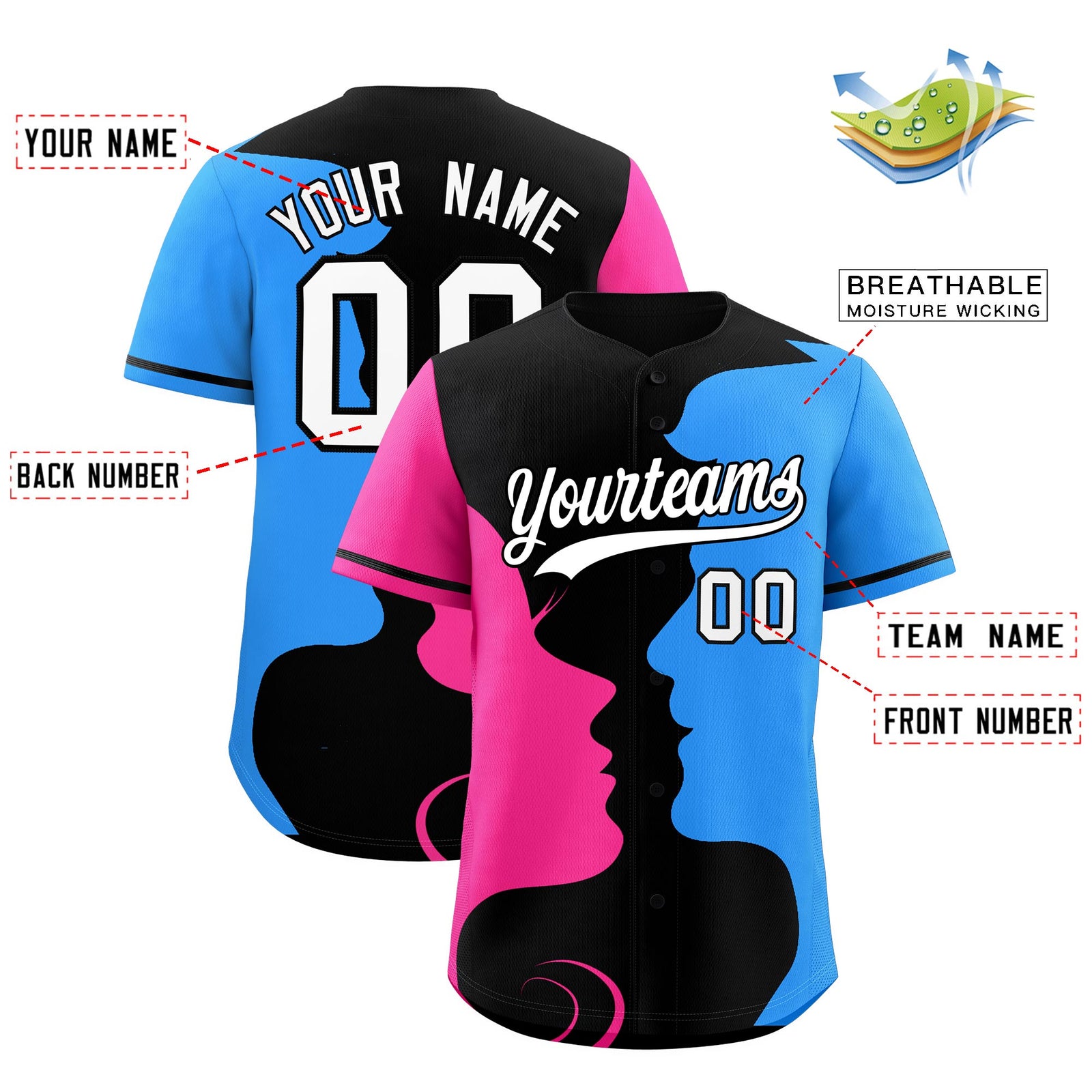 Custom Black Pink Powder Blue Silhouettes of Loving Couple Valentine's Day Baseball Jersey| KXKSHOP
