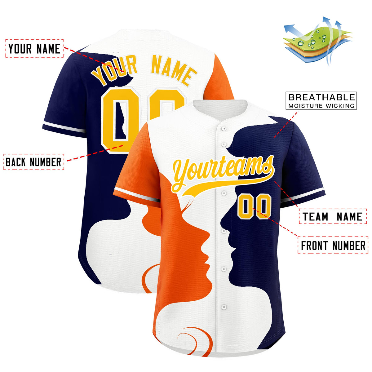 Custom White Orange Navy Silhouettes of Loving Couple Valentine's Day Baseball Jersey| KXKSHOP