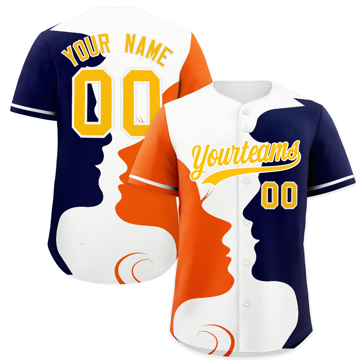Custom White Orange Navy Silhouettes of Loving Couple Valentine's Day Baseball Jersey| KXKSHOP