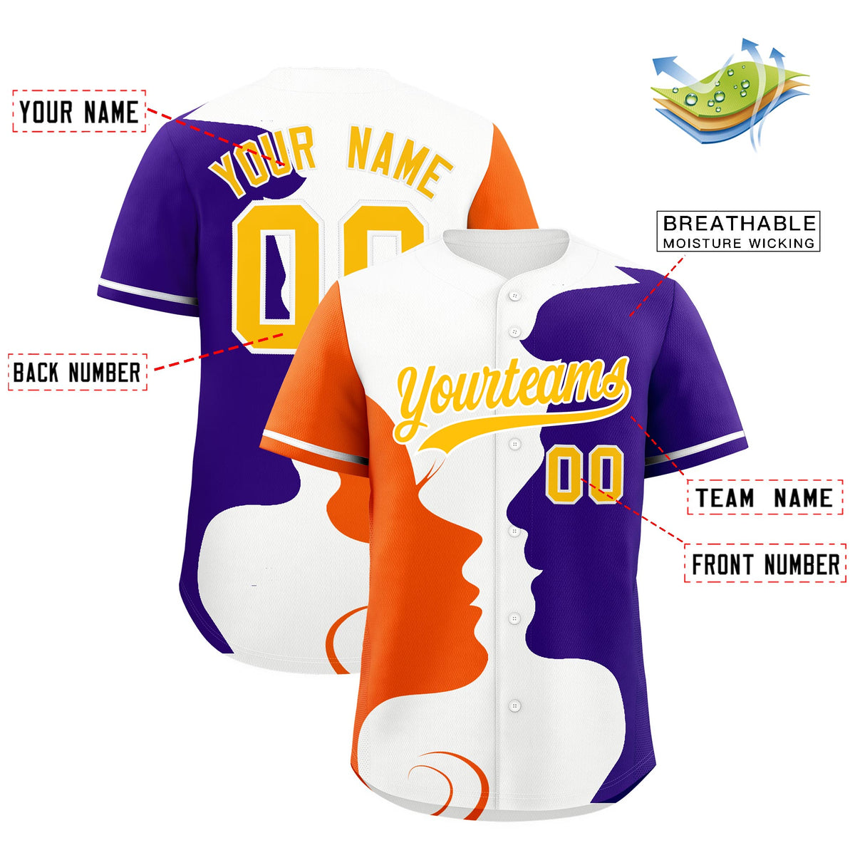 Custom White Orange Purple Silhouettes of Loving Couple Valentine's Day Baseball Jersey| KXKSHOP