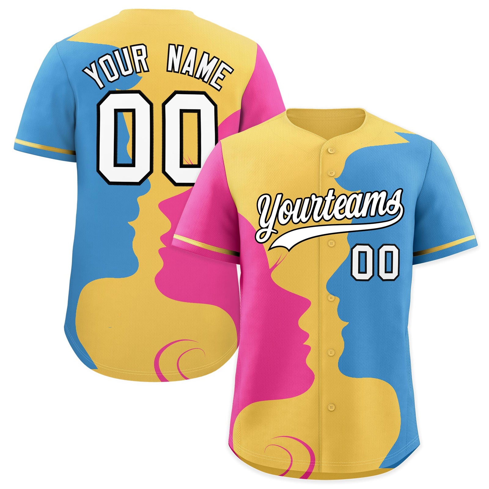 Custom Khaki Light Blue Pink Silhouettes of Loving Couple Valentine's Day Baseball Jersey| KXKSHOP