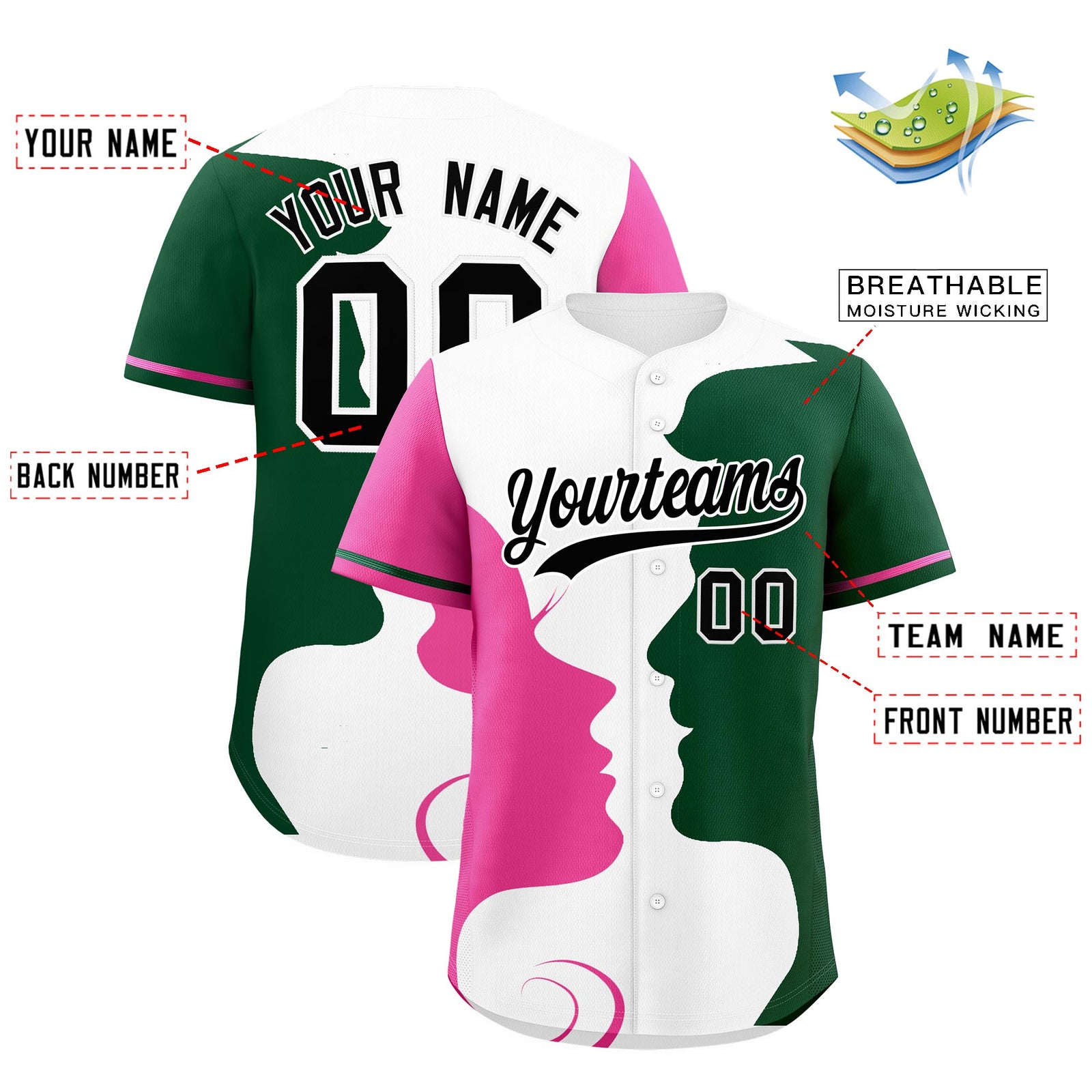Custom Green Pink White Silhouettes of Loving Couple Valentine's Day Baseball Jersey| KXKSHOP