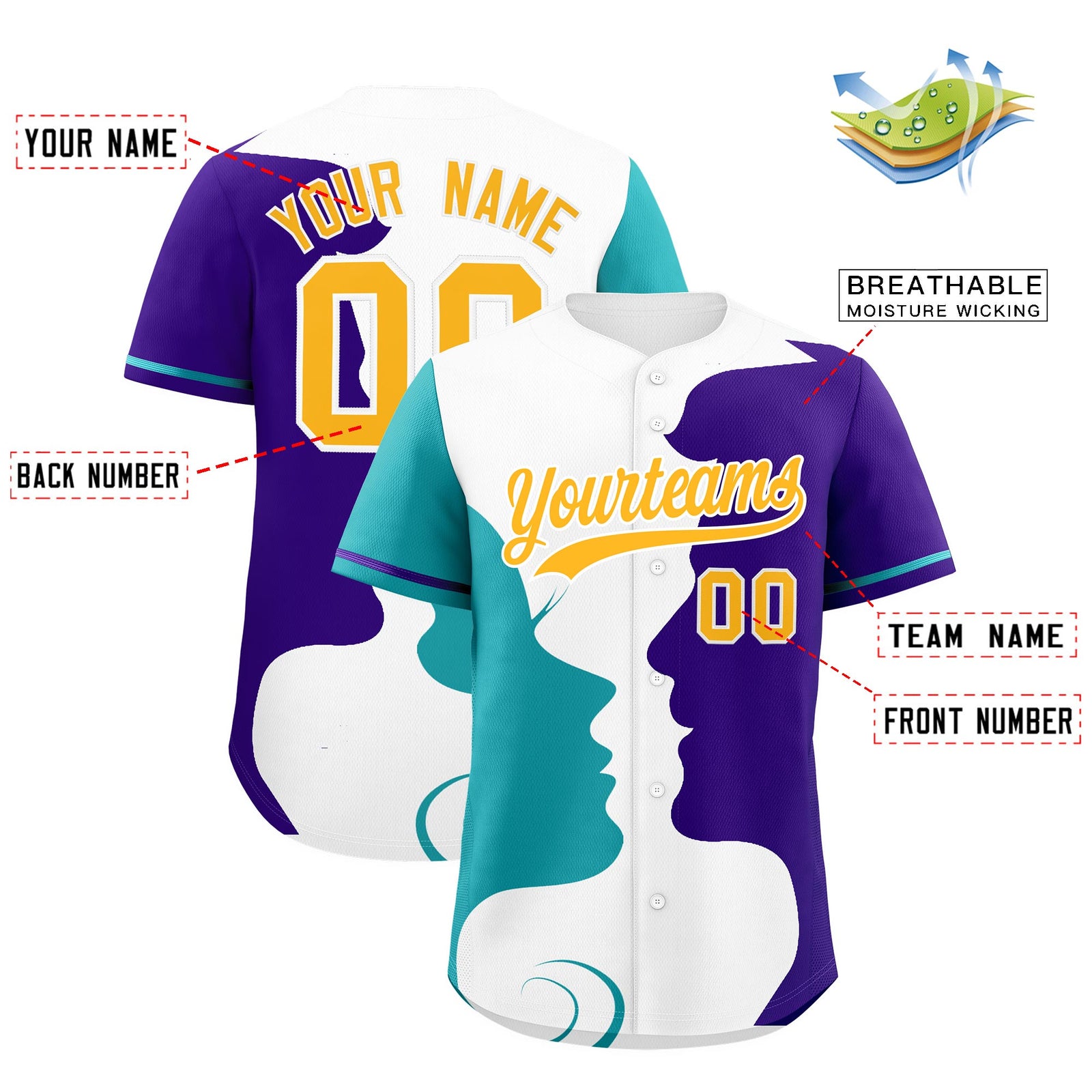 Custom Teal Purple White Silhouettes of Loving Couple Valentine's Day Baseball Jersey| KXKSHOP