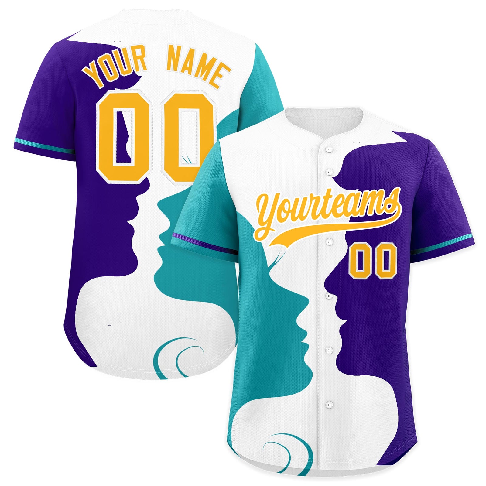 Custom Teal Purple White Silhouettes of Loving Couple Valentine's Day Baseball Jersey| KXKSHOP