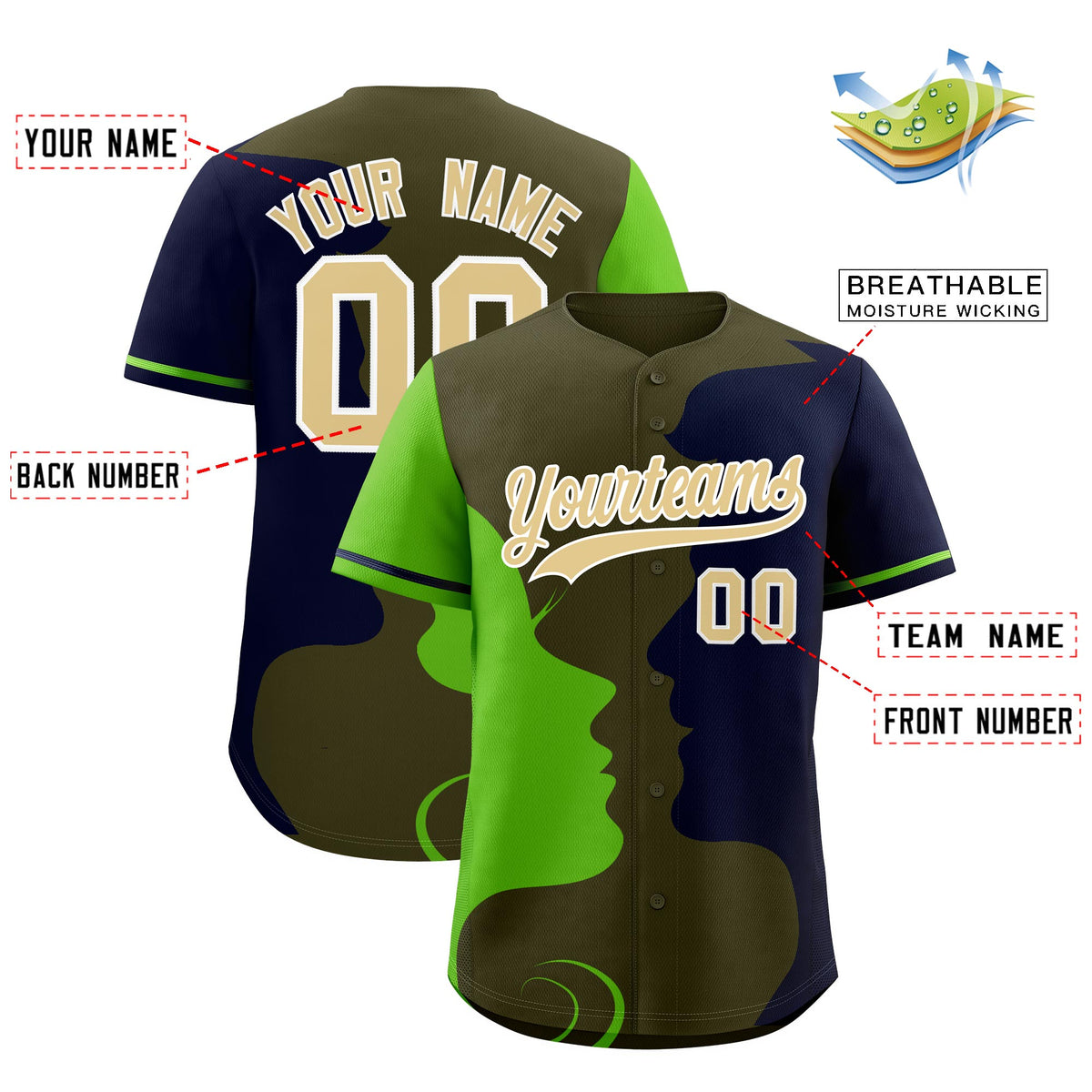 Custom Green Navy Silhouettes of Loving Couple Valentine's Day Baseball Jersey| KXKSHOP