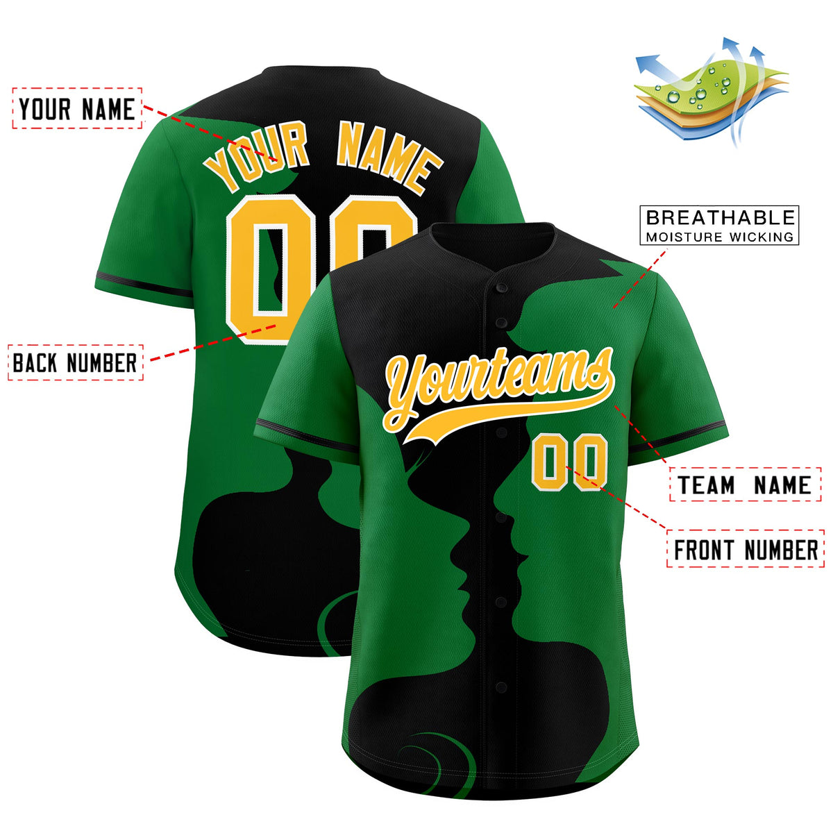 Custom Black Kelly Green Silhouettes of Loving Couple Valentine's Day Baseball Jersey| KXKSHOP