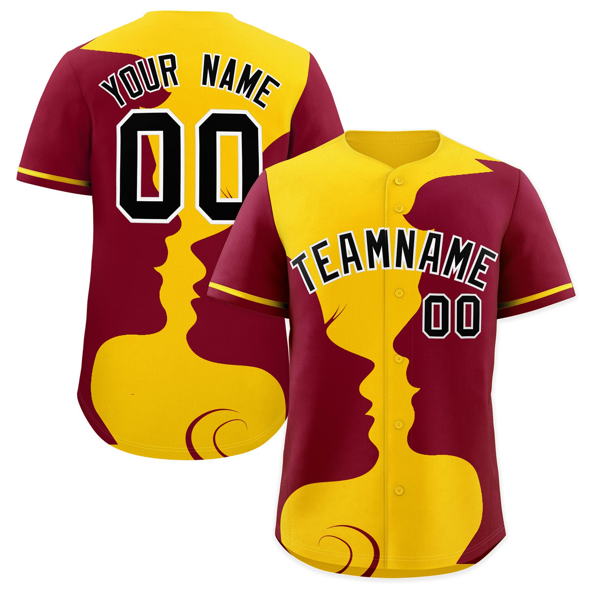 Custom Gold Crimson Silhouettes of Loving Couple Valentine's Day Baseball Jersey| KXKSHOP