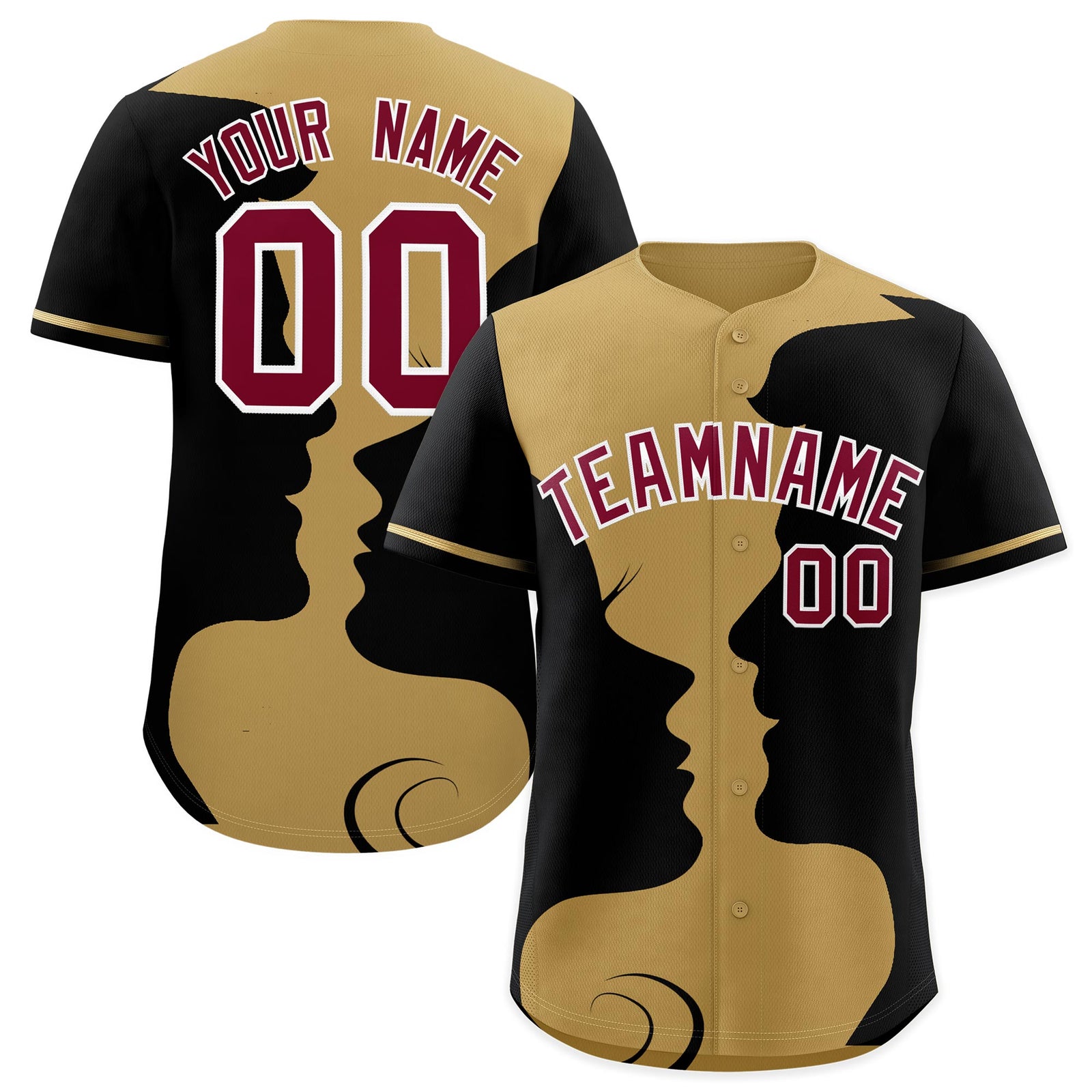 Custom Old Gold Black Silhouettes of Loving Couple Valentine's Day Baseball Jersey| KXKSHOP