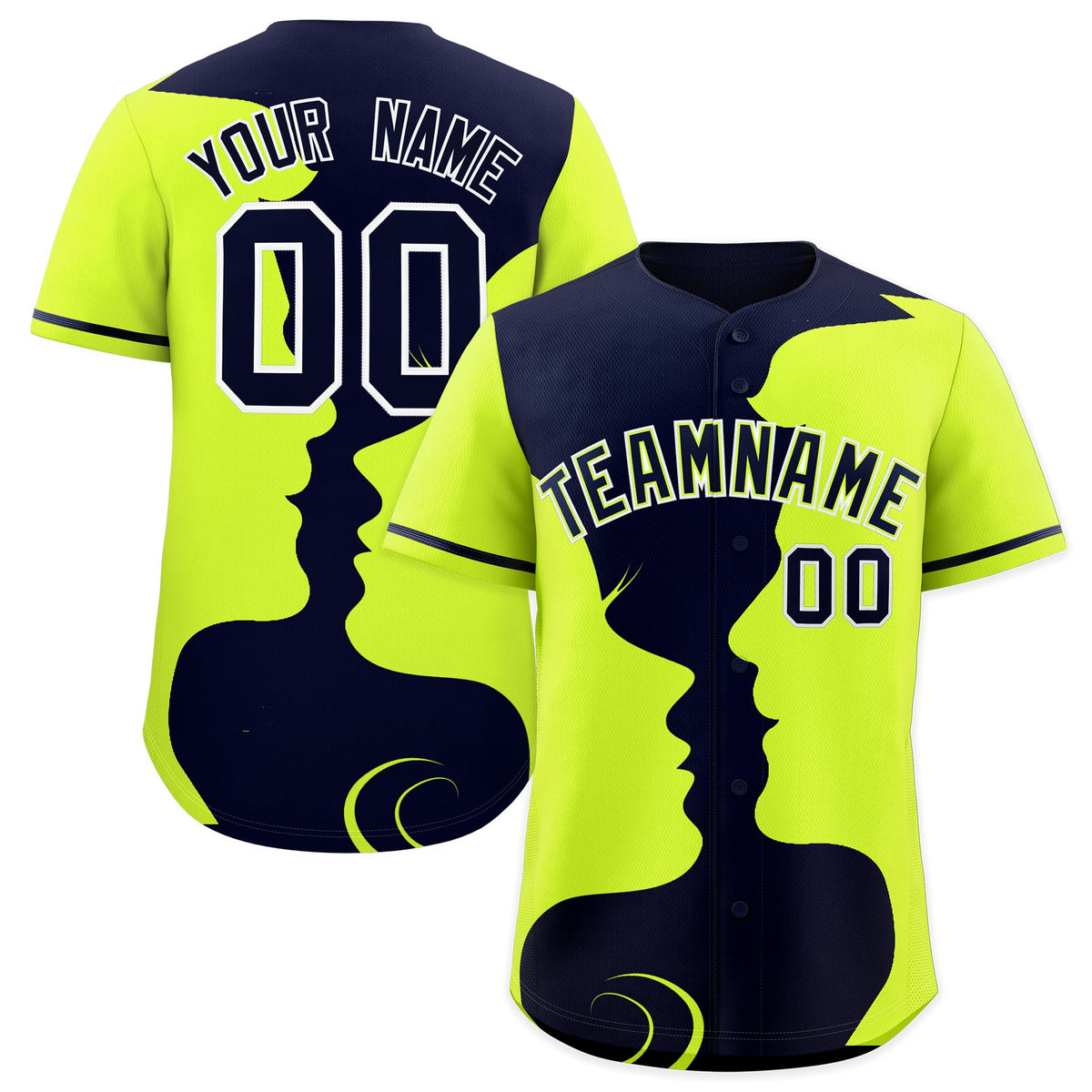 Custom Navy Neon Green Silhouettes of Loving Couple Valentine's Day Baseball Jersey| KXKSHOP