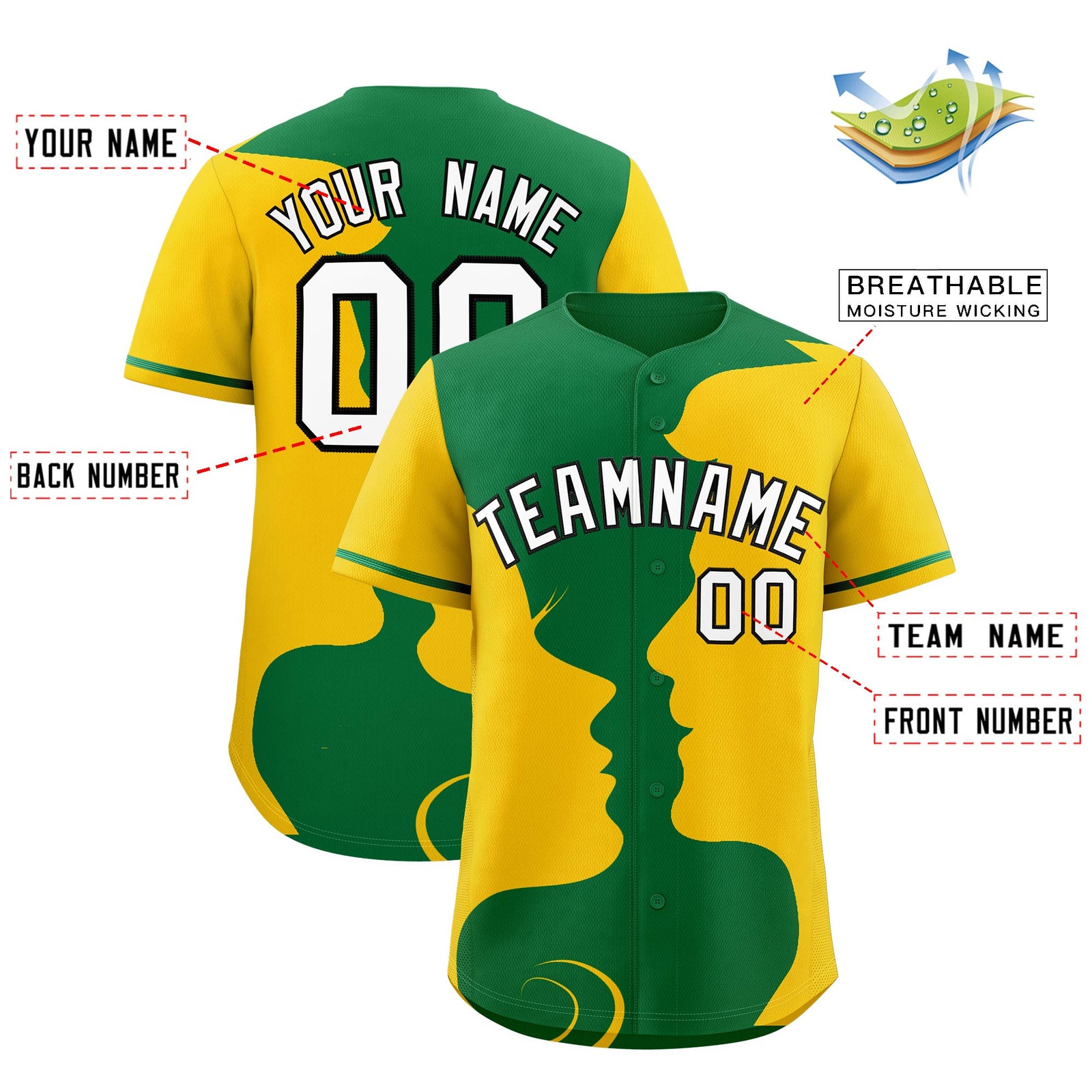 Custom Kelly Green Gold Silhouettes of Loving Couple Valentine's Day Baseball Jersey| KXKSHOP