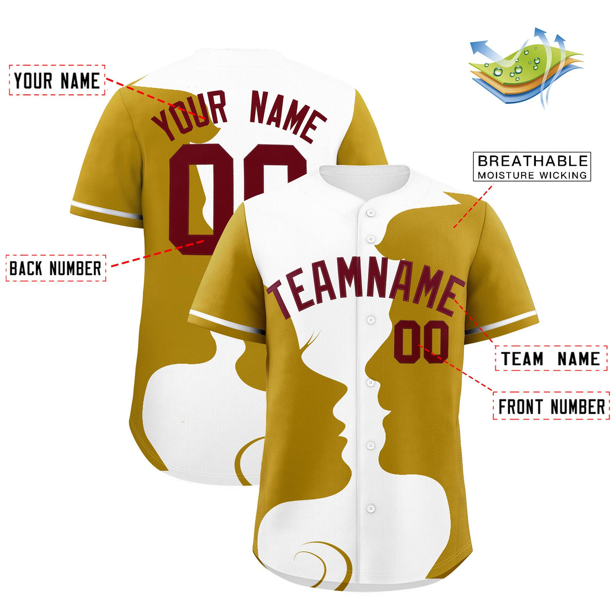 Custom White Old Gold Silhouettes of Loving Couple Valentine's Day Baseball Jersey| KXKSHOP