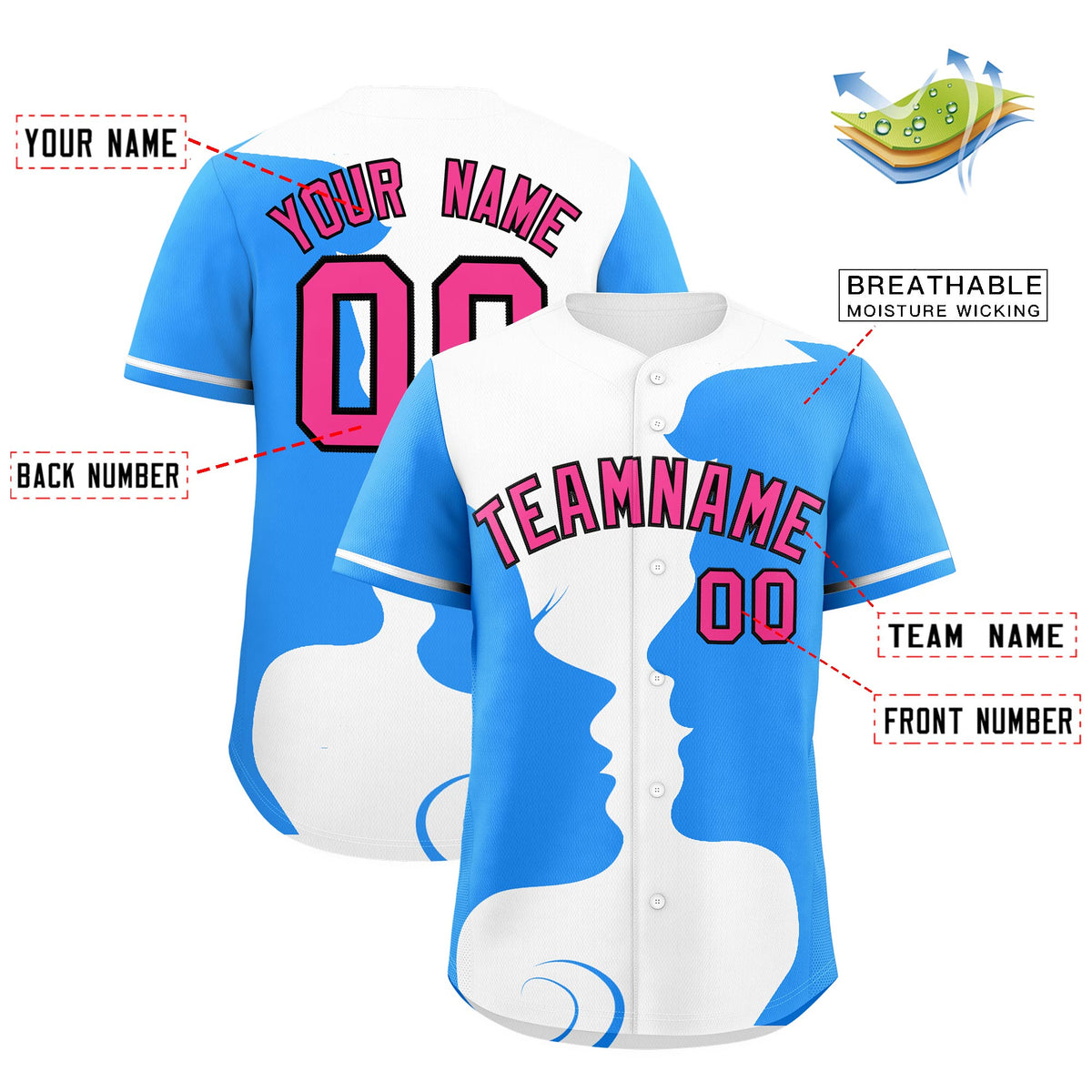 Custom White Powder Blue Silhouettes of Loving Couple Valentine's Day Baseball Jersey| KXKSHOP