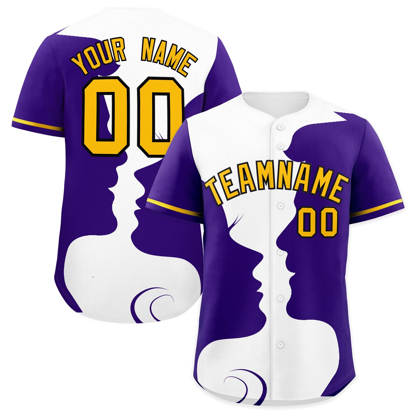 Custom Gold Purple White Silhouettes of Loving Couple Valentine's Day Baseball Jersey| KXKSHOP