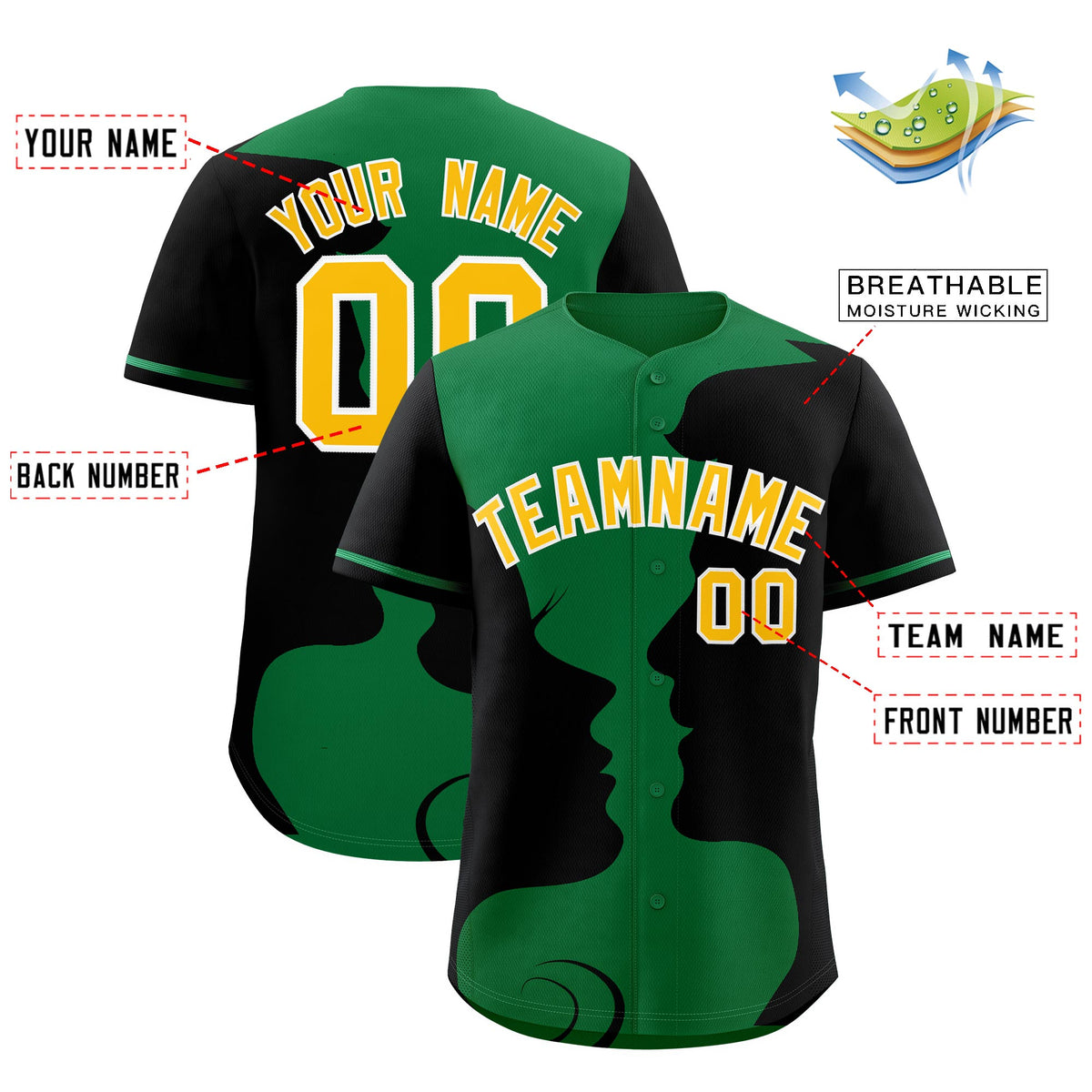 Custom Kelly Green Black Silhouettes of Loving Couple Valentine's Day Baseball Jersey| KXKSHOP