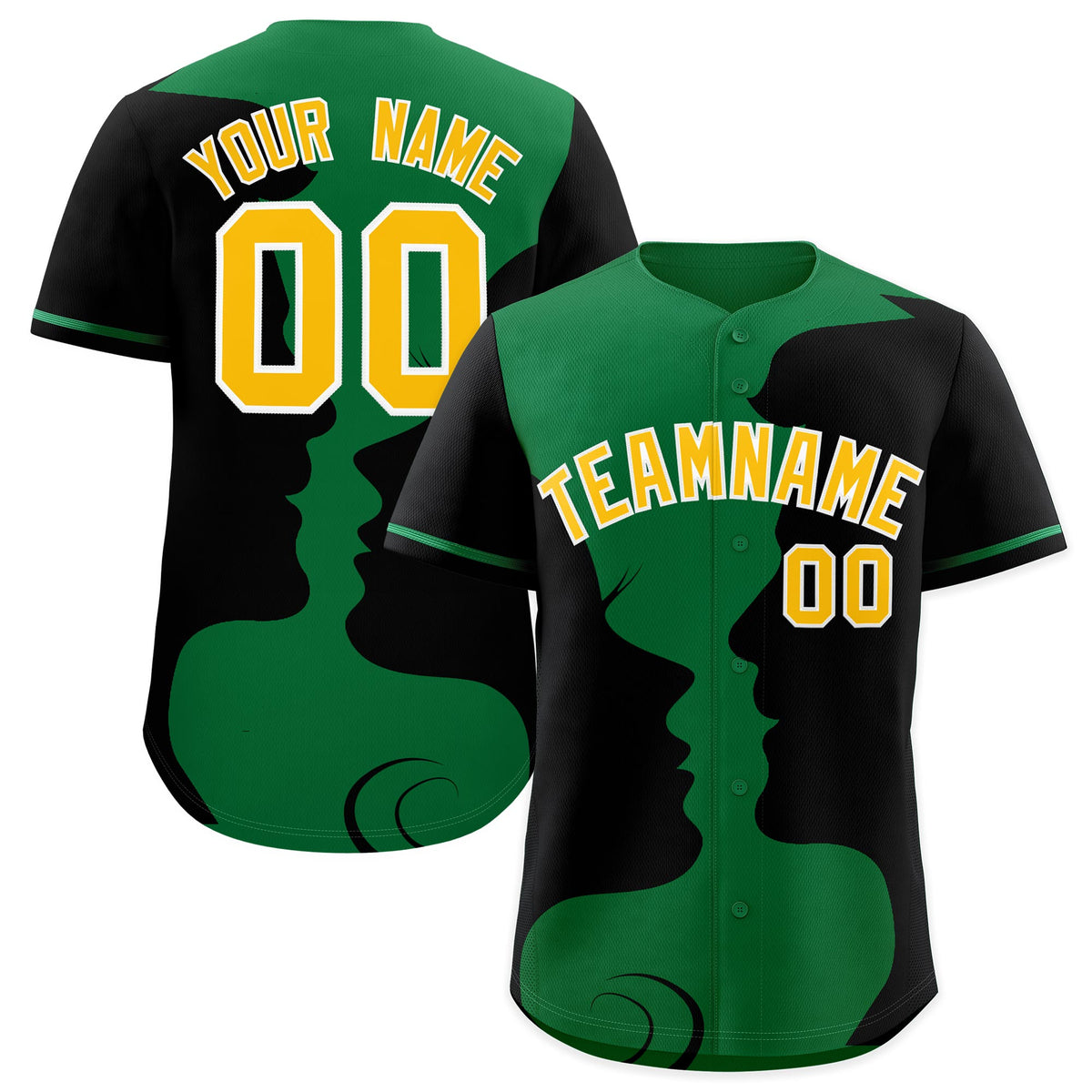 Custom Kelly Green Black Silhouettes of Loving Couple Valentine's Day Baseball Jersey| KXKSHOP