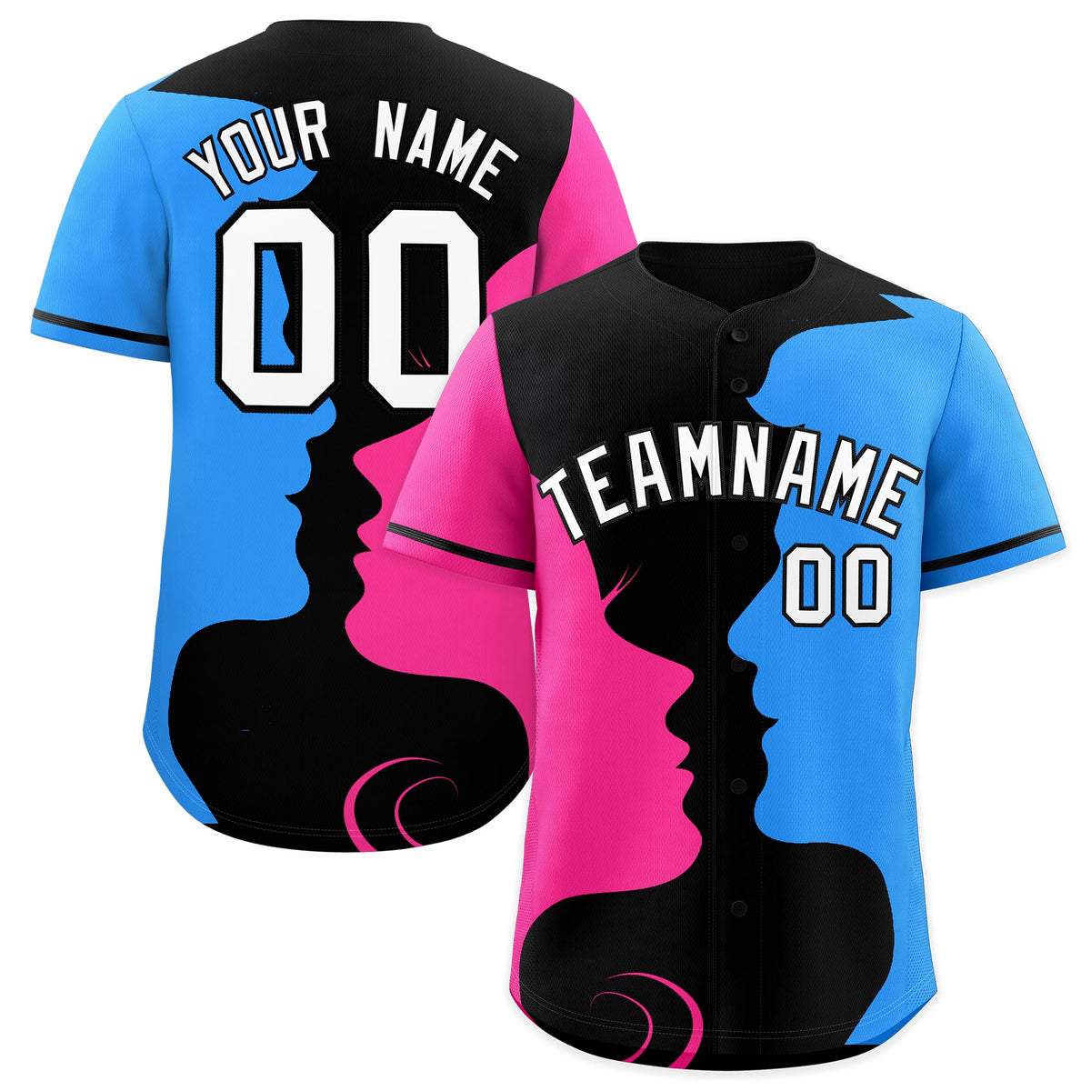 Custom Black Pink Powder Blue Silhouettes of Loving Couple Valentine's Day Baseball Jersey| KXKSHOP