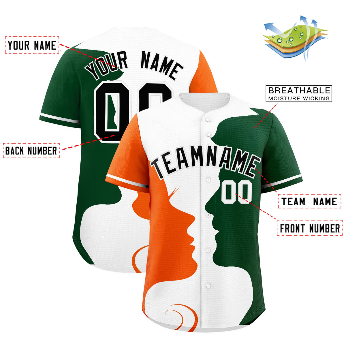 Custom White Orange Green Silhouettes of Loving Couple Valentine's Day Baseball Jersey| KXKSHOP