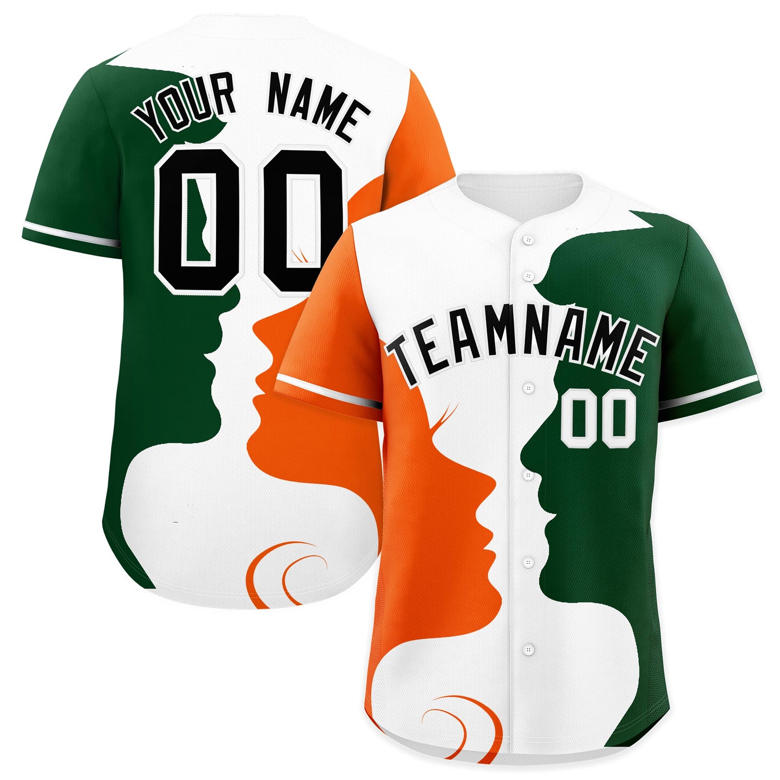 Custom White Orange Green Silhouettes of Loving Couple Valentine's Day Baseball Jersey| KXKSHOP