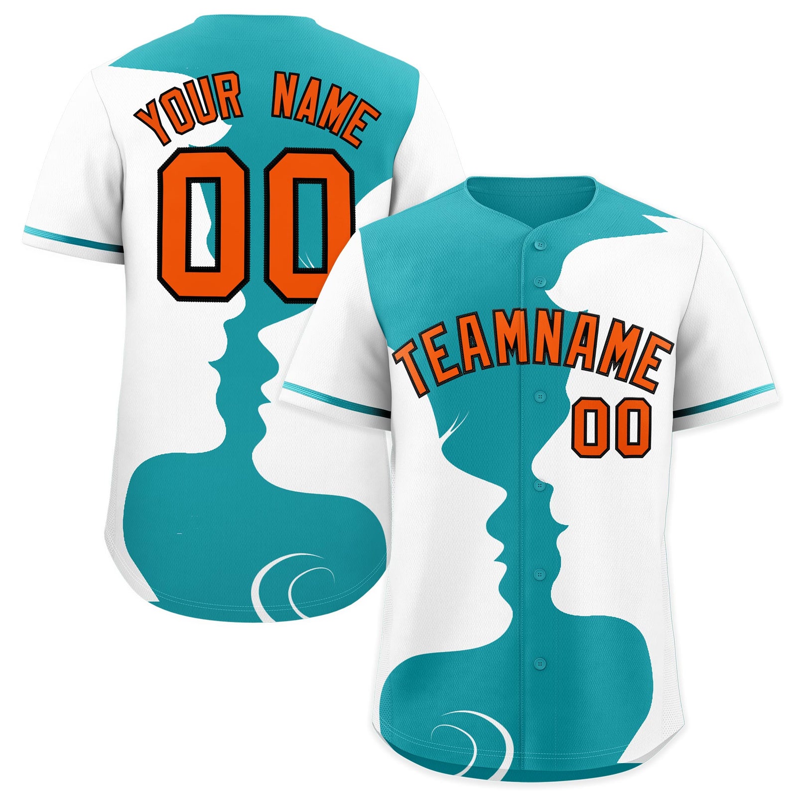 Custom Teal White Silhouettes of Loving Couple Valentine's Day Baseball Jersey| KXKSHOP