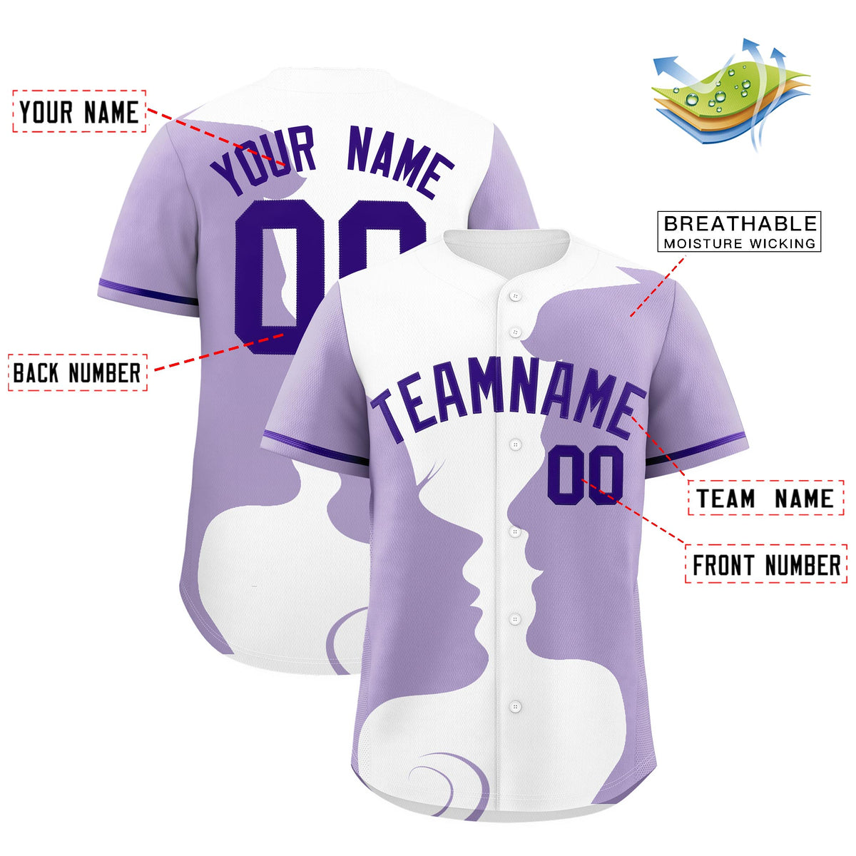 Custom Purple White Light Purple Silhouettes of Loving Couple Valentine's Day Baseball Jersey| KXKSHOP