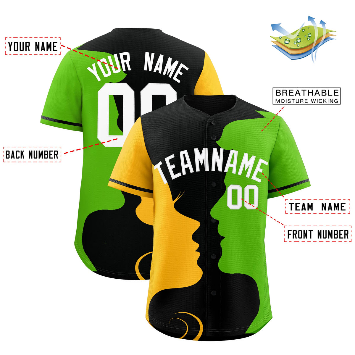 Custom Black Gold Neon Green Silhouettes of Loving Couple Valentine's Day Baseball Jersey| KXKSHOP