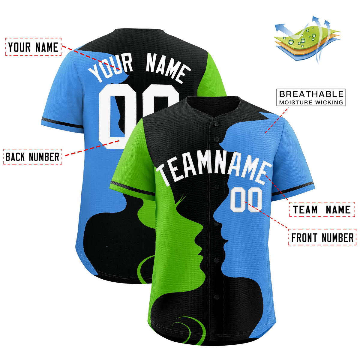Custom Black Green Powder Blue Silhouettes of Loving Couple Valentine's Day Baseball Jersey| KXKSHOP