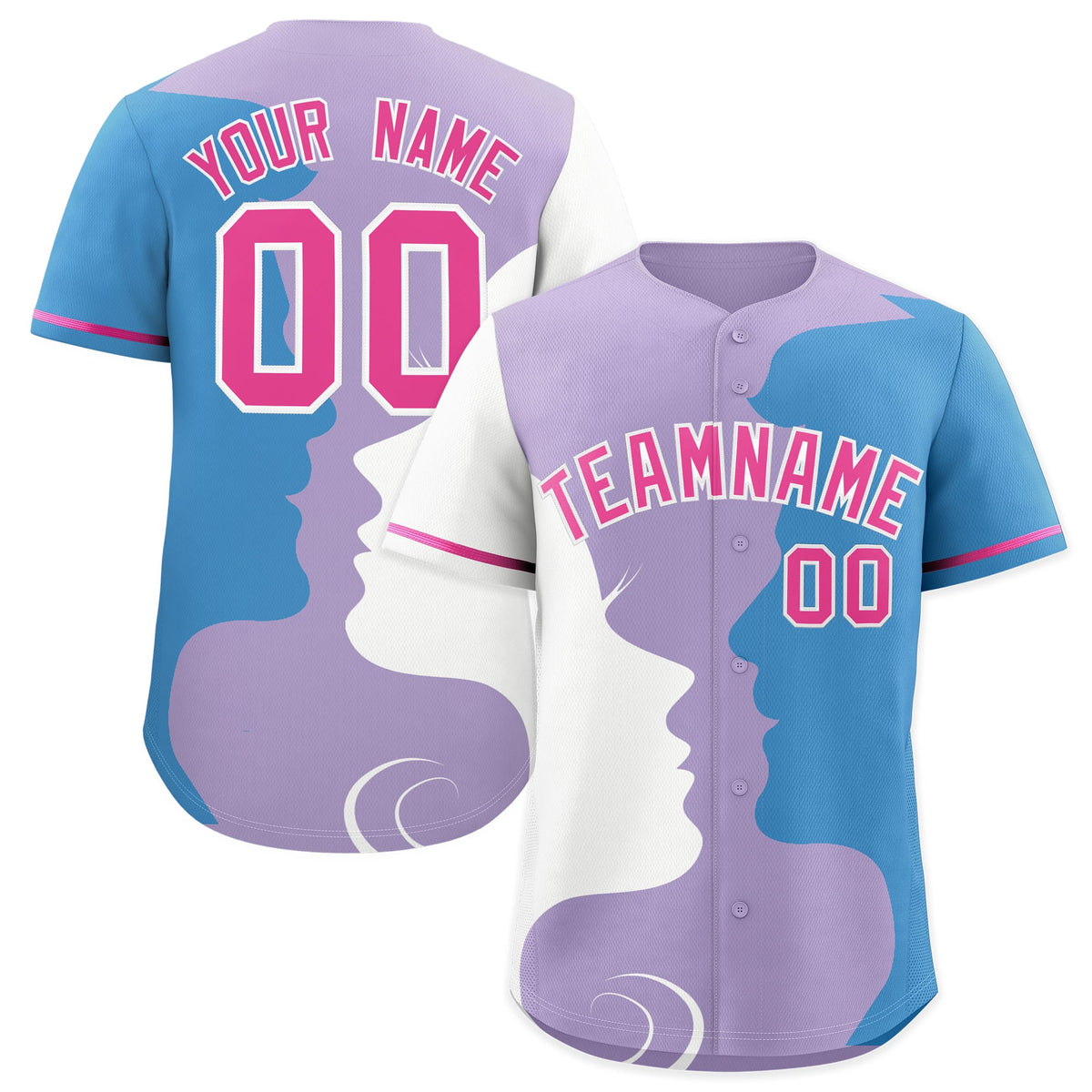 Custom Pink White Light Blue Silhouettes of Loving Couple Valentine's Day Baseball Jersey| KXKSHOP