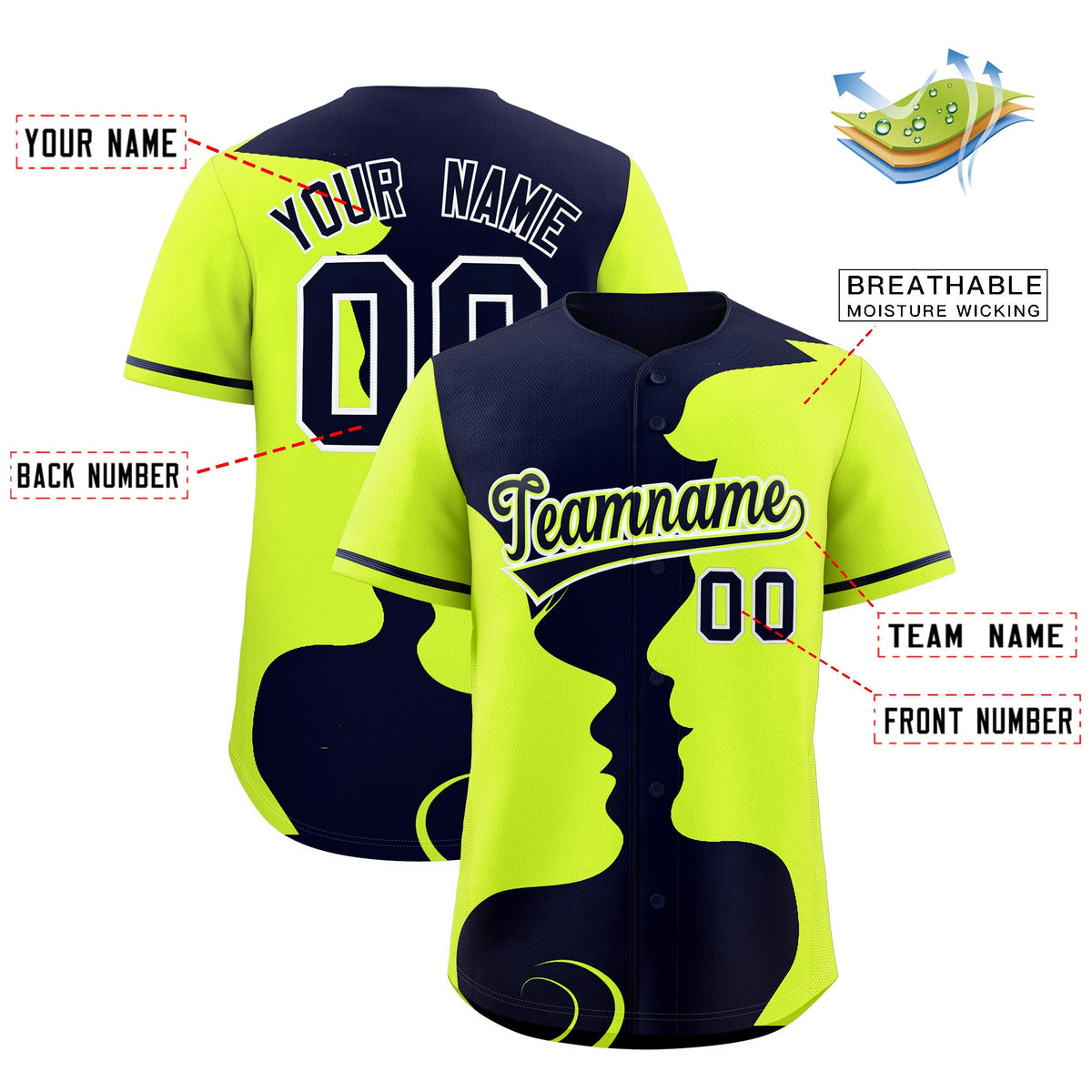 Custom Navy Neon Green Silhouettes of Loving Couple Valentine's Day Baseball Jersey| KXKSHOP