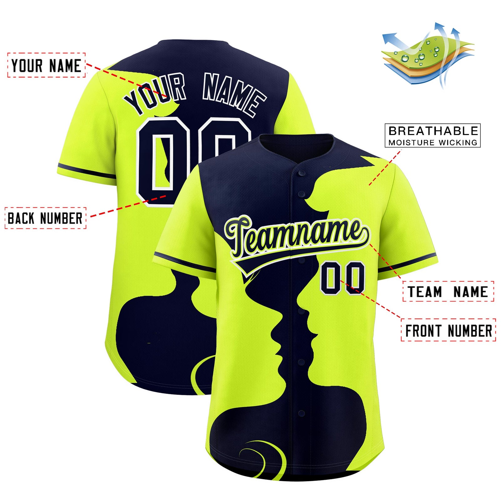 Custom Navy Neon Green Silhouettes of Loving Couple Valentine's Day Baseball Jersey| KXKSHOP