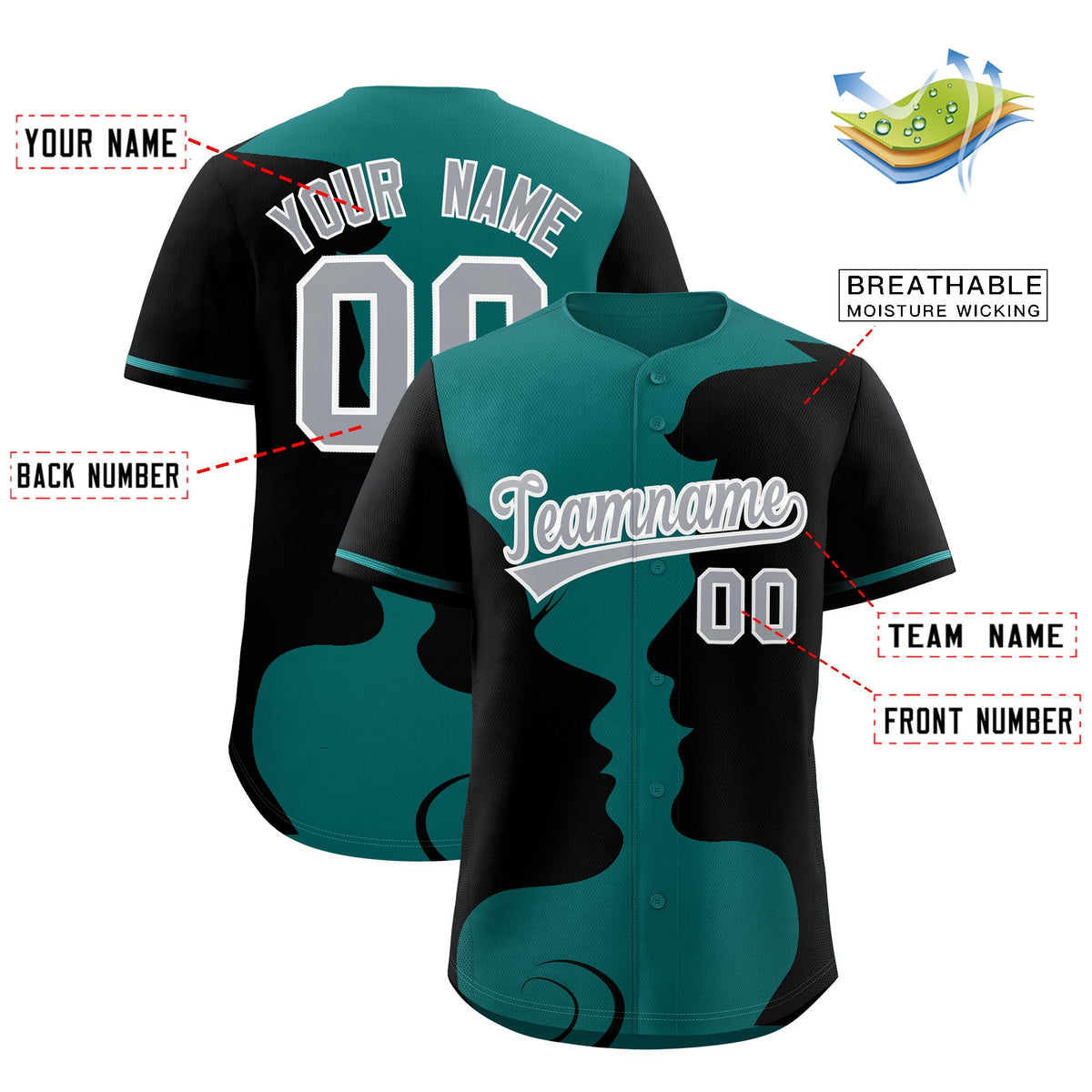 Custom Teal Black Silhouettes of Loving Couple Valentine's Day Baseball Jersey| KXKSHOP
