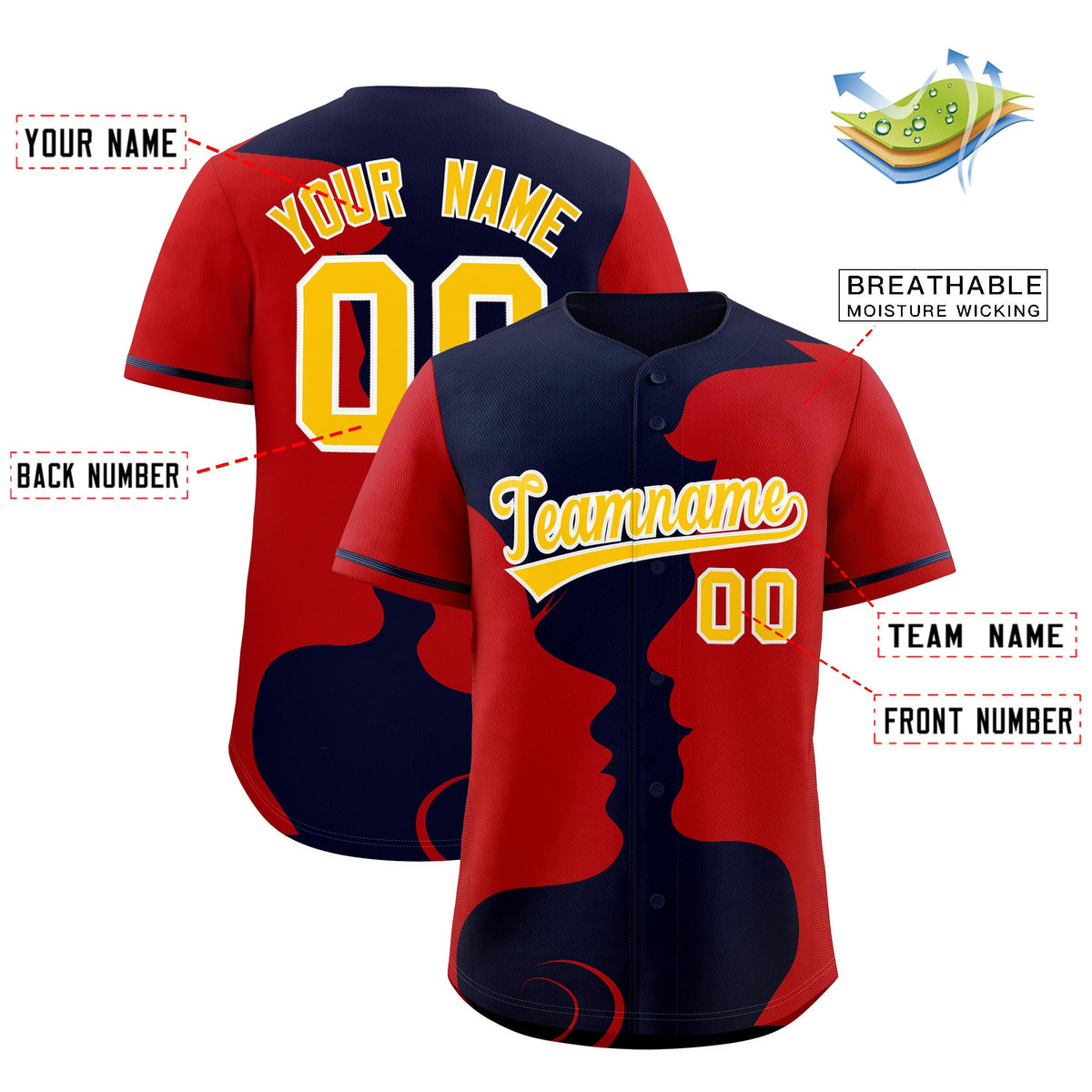 Custom Navy Red Silhouettes of Loving Couple Valentine's Day Baseball Jersey| KXKSHOP