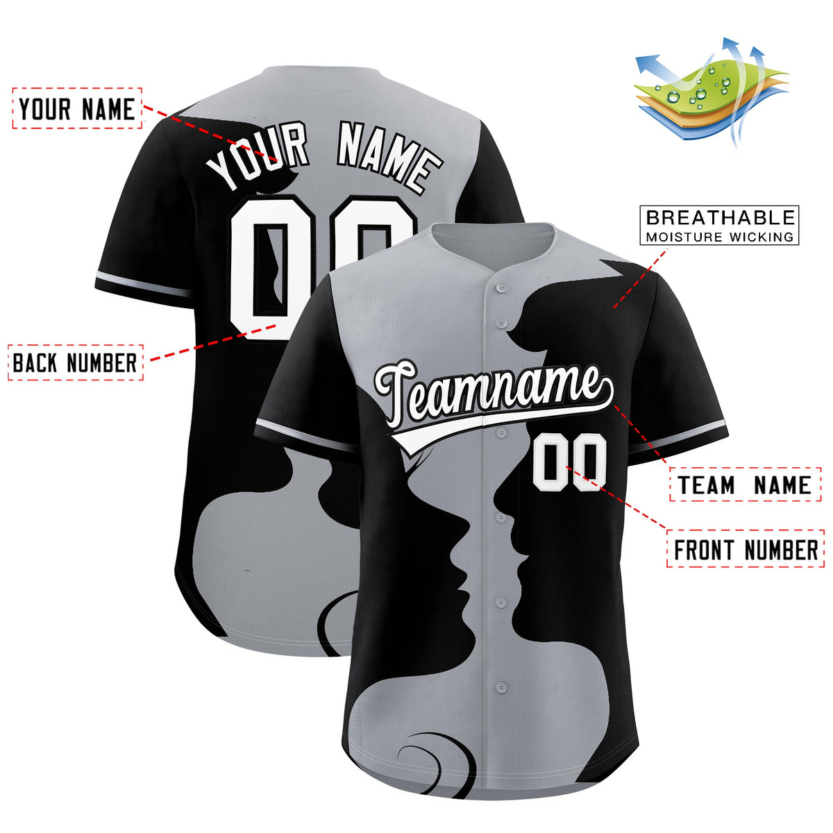 Custom Silver Gray Black Silhouettes of Loving Couple Valentine's Day Baseball Jersey| KXKSHOP