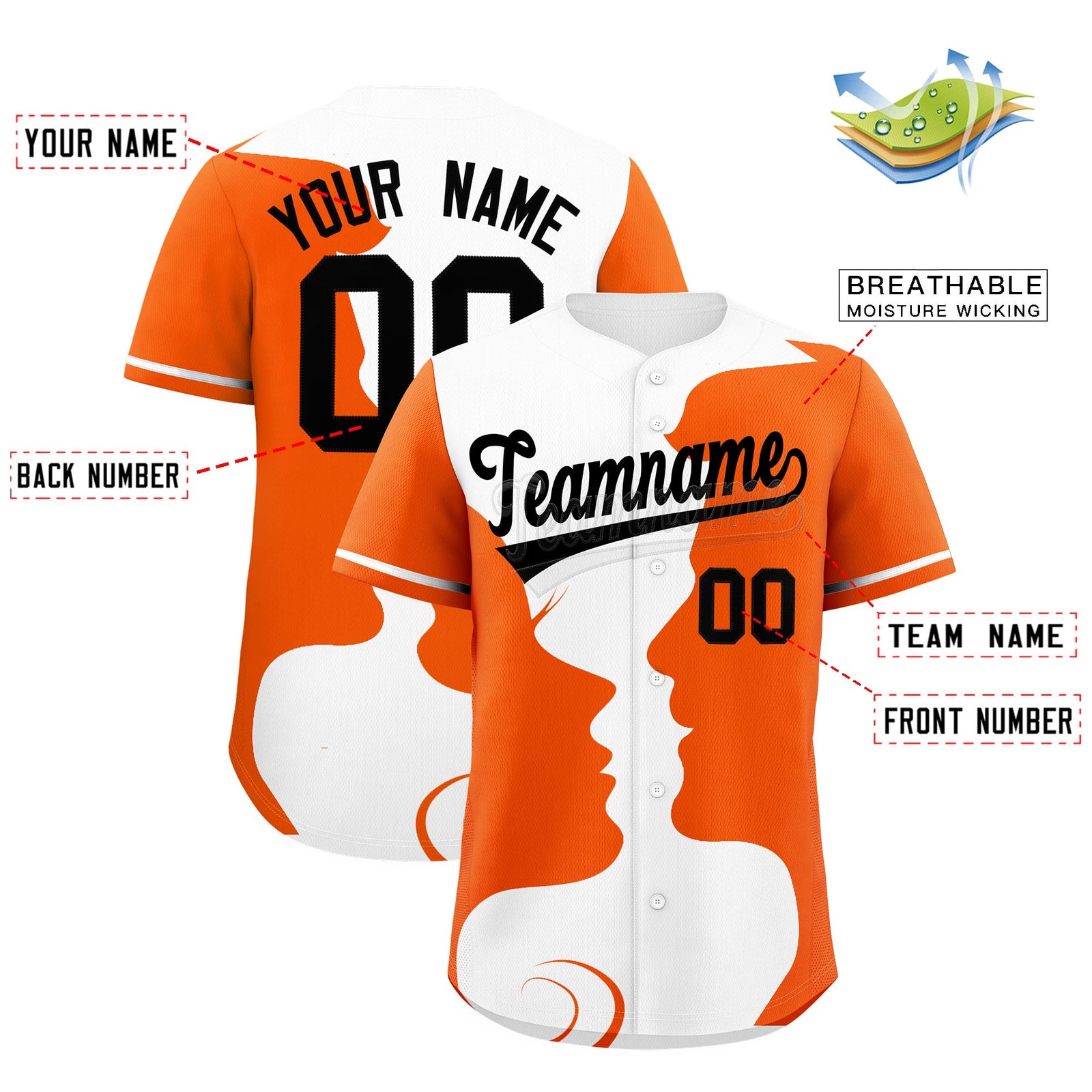 Custom White Orange Silhouettes of Loving Couple Valentine's Day Baseball Jersey| KXKSHOP