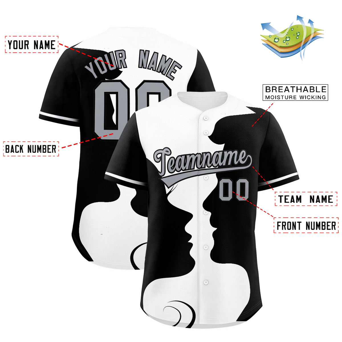 Custom White Black Silhouettes of Loving Couple Valentine's Day Baseball Jersey| KXKSHOP