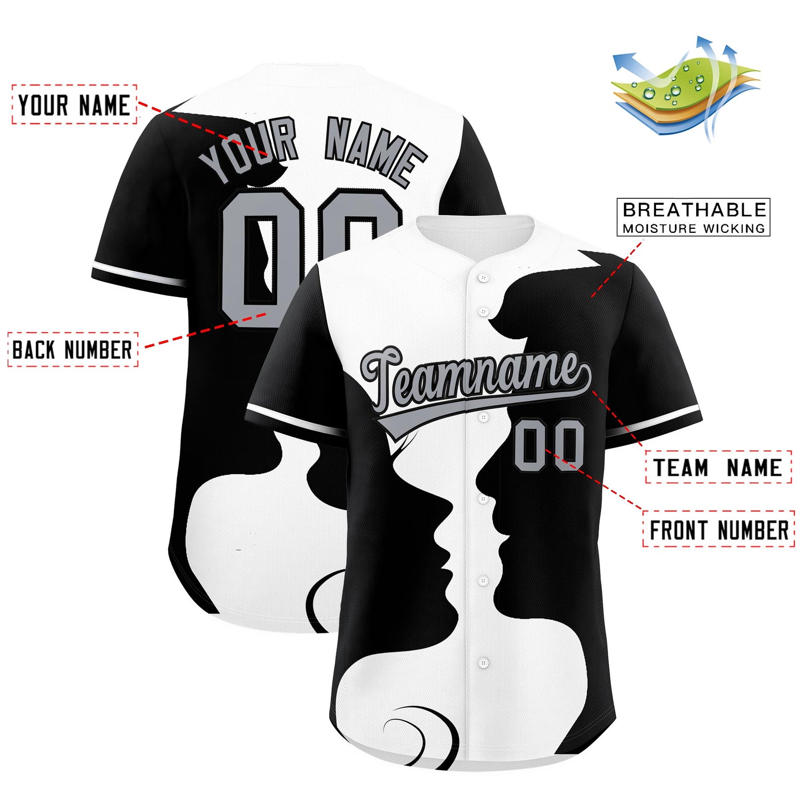 Custom White Black Silhouettes of Loving Couple Valentine's Day Baseball Jersey| KXKSHOP
