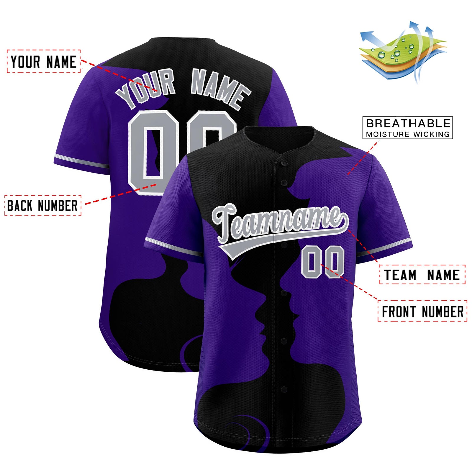 Custom Black Purple Silhouettes of Loving Couple Valentine's Day Baseball Jersey| KXKSHOP