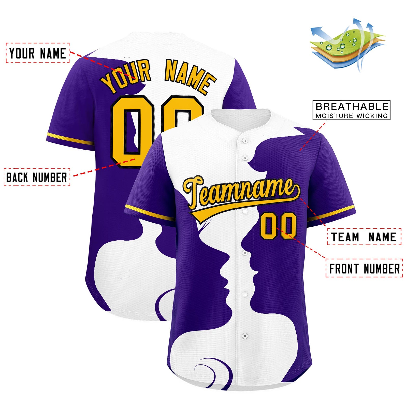 Custom Gold Purple White Silhouettes of Loving Couple Valentine's Day Baseball Jersey| KXKSHOP