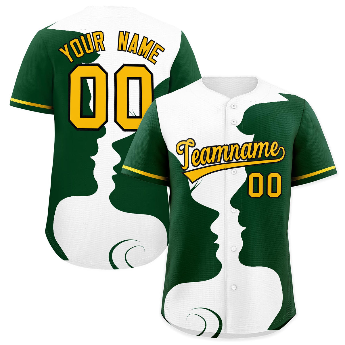 Custom Gold Green White Silhouettes of Loving Couple Valentine's Day Baseball Jersey| KXKSHOP
