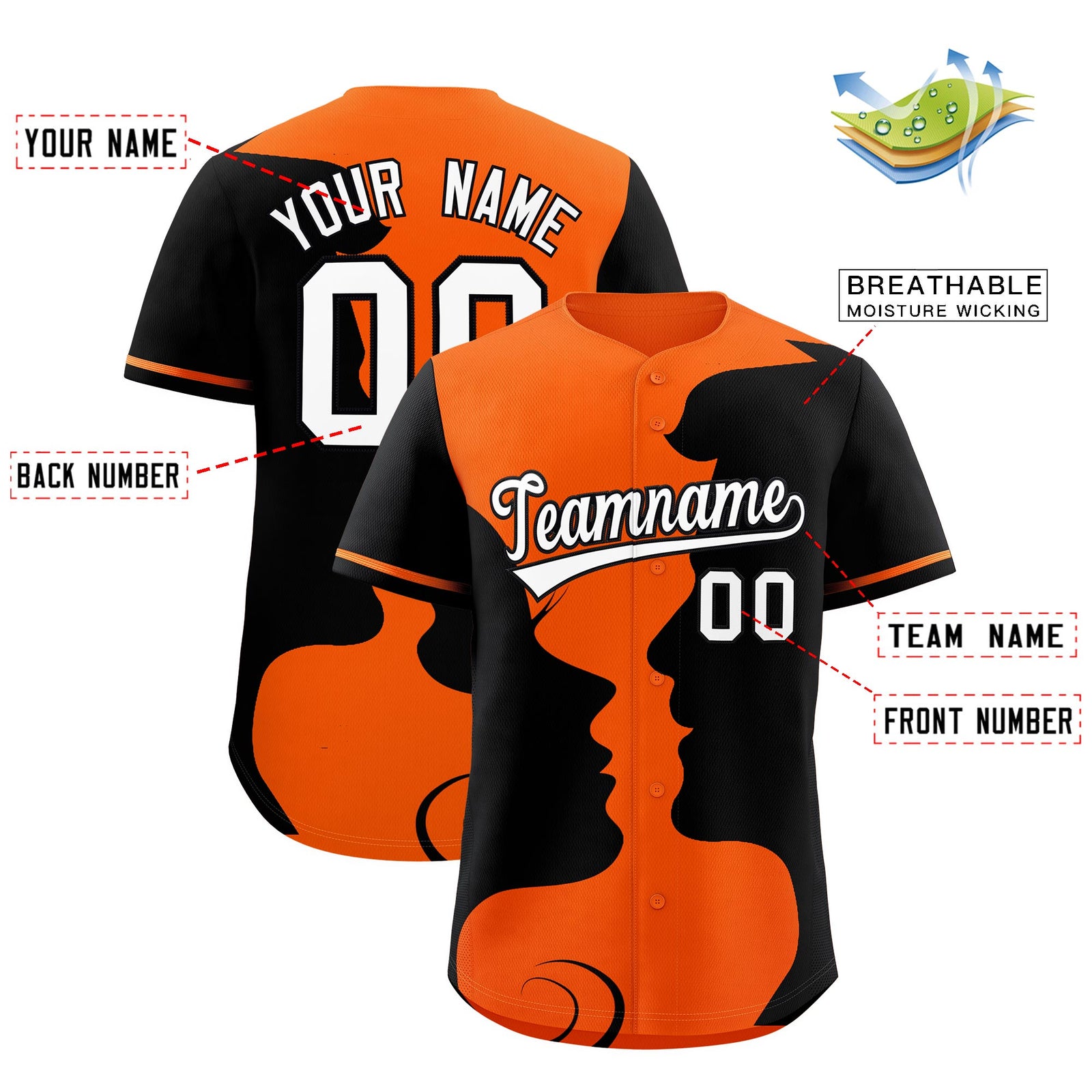 Custom Orange Black Silhouettes of Loving Couple Valentine's Day Baseball Jersey| KXKSHOP