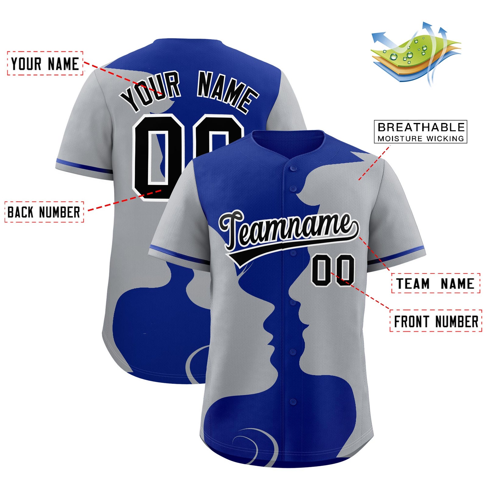 Custom Royal Gray Silhouettes of Loving Couple Valentine's Day Baseball Jersey| KXKSHOP