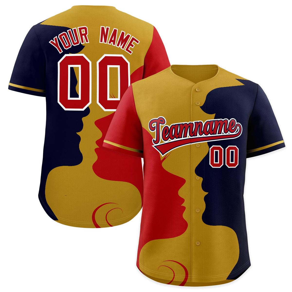 Custom Old Gold Red Navy Silhouettes of Loving Couple Valentine's Day Baseball Jersey| KXKSHOP