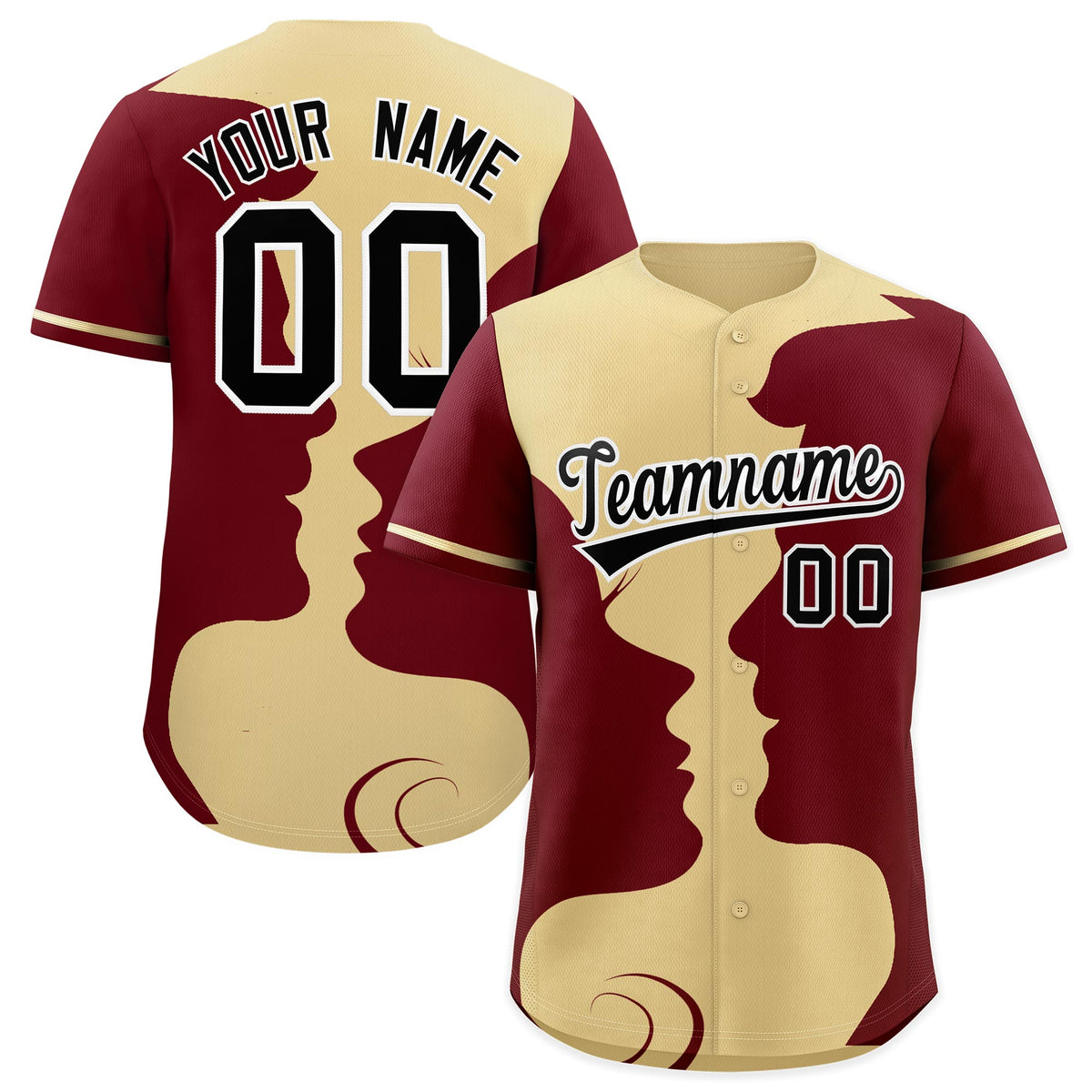 Custom Khaki Crimson Silhouettes of Loving Couple Valentine's Day Baseball Jersey| KXKSHOP