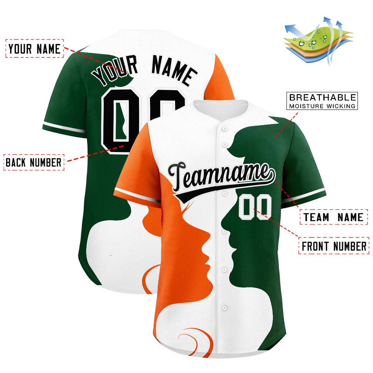 Custom White Orange Green Silhouettes of Loving Couple Valentine's Day Baseball Jersey| KXKSHOP