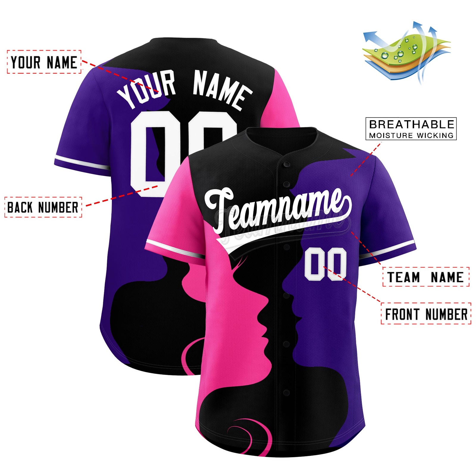 Custom White Pink Purple Silhouettes of Loving Couple Valentine's Day Baseball Jersey| KXKSHOP