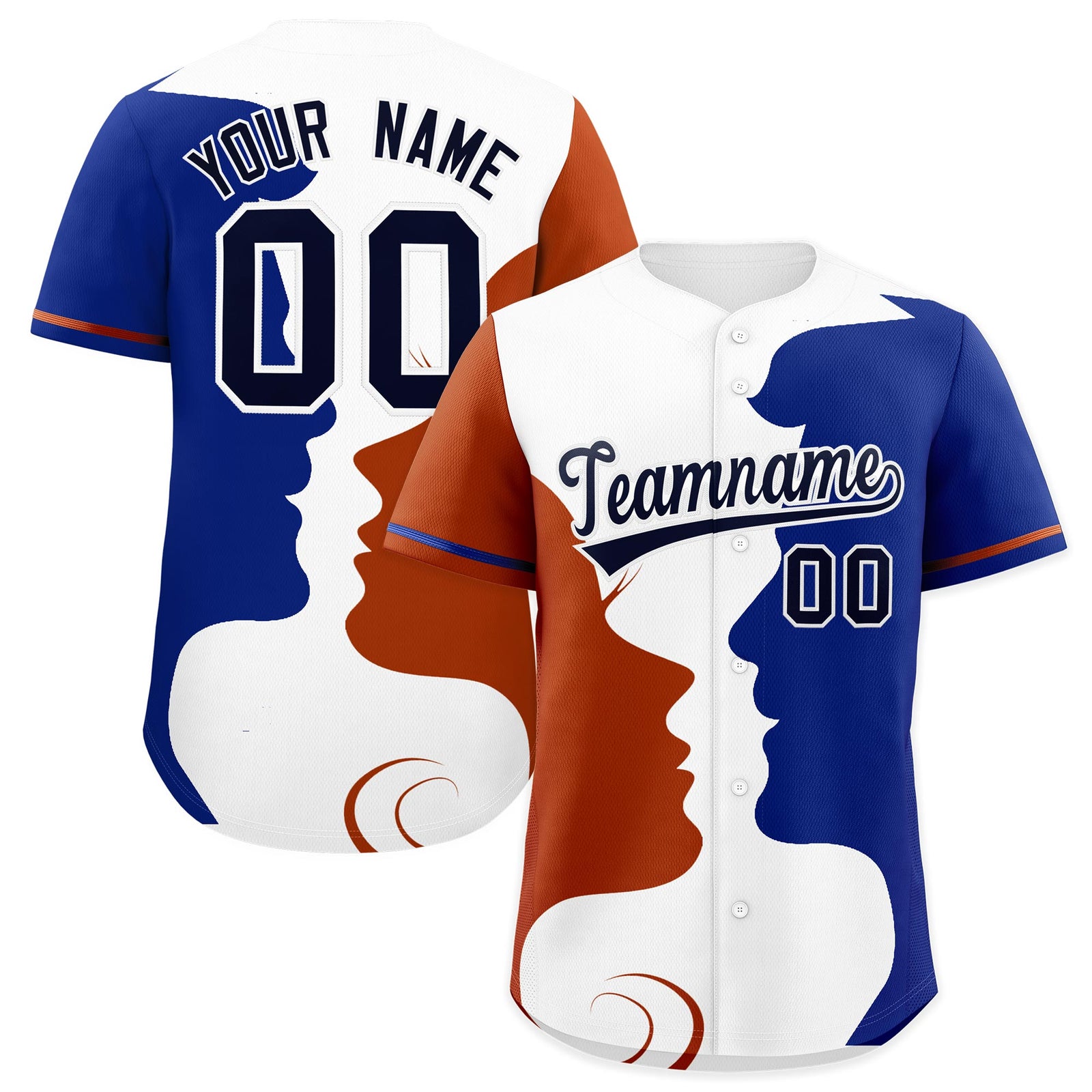 Custom Royal Dark Orange White Silhouettes of Loving Couple Valentine's Day Baseball Jersey| KXKSHOP