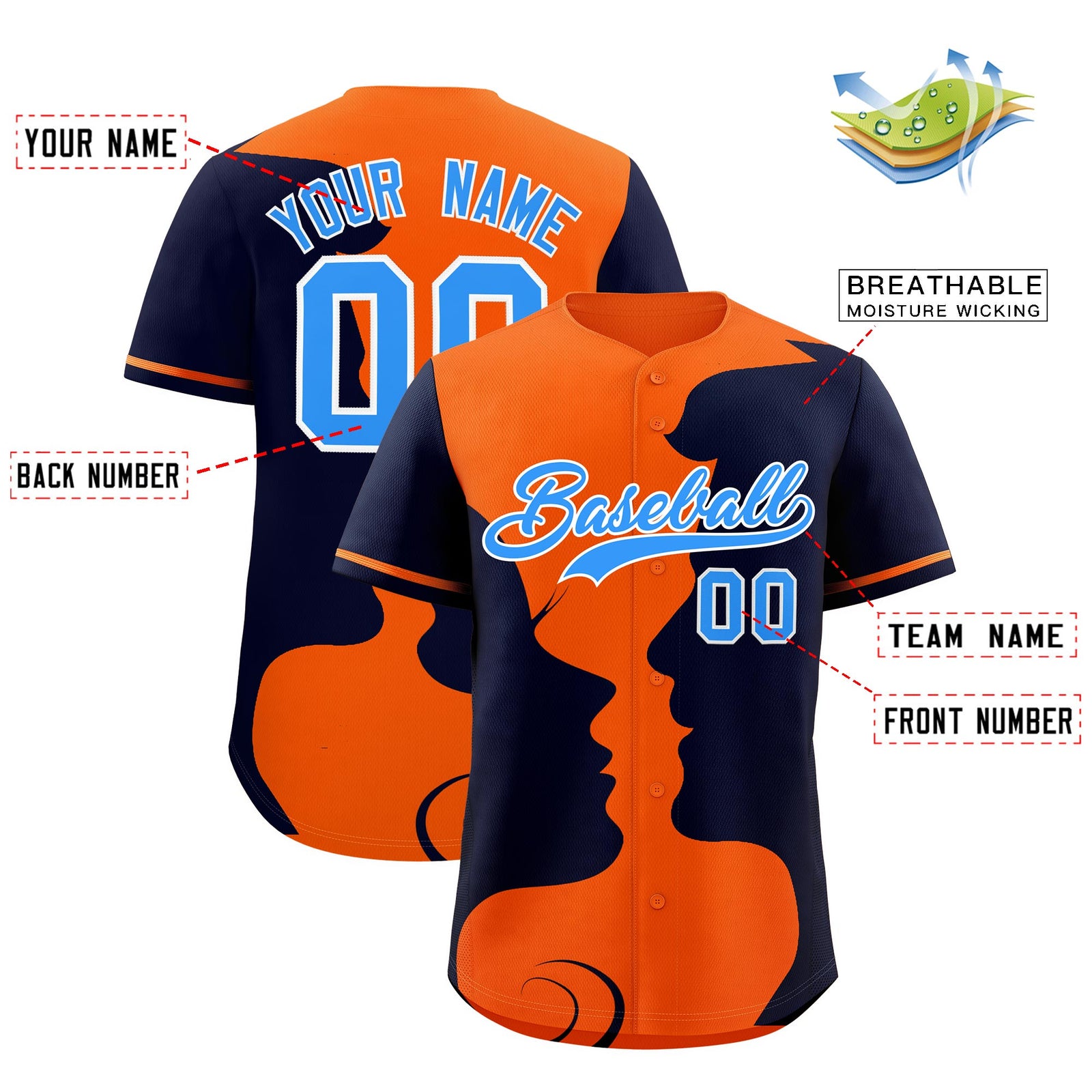 Custom Orange Navy Silhouettes of Loving Couple Valentine's Day Baseball Jersey| KXKSHOP