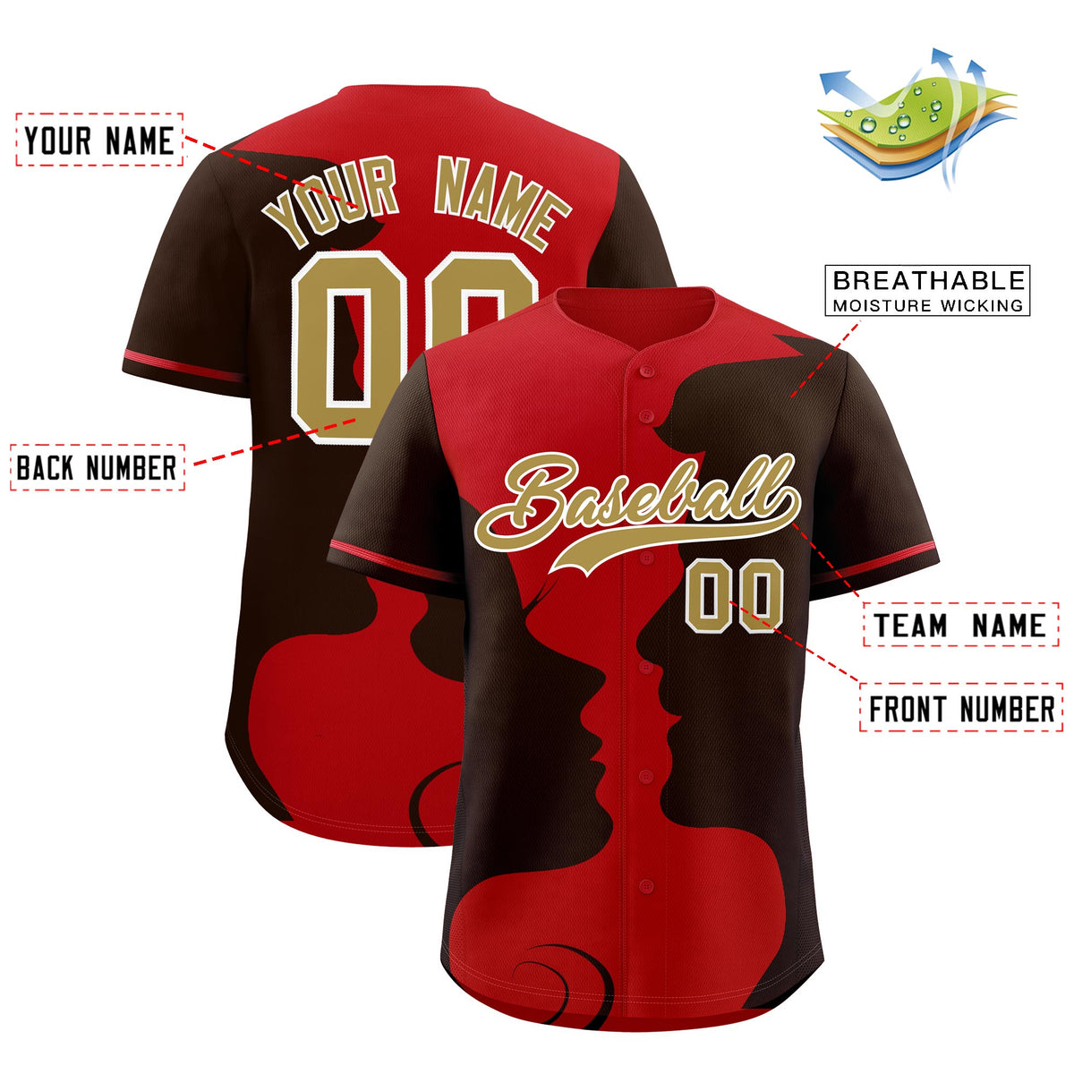 Custom Red Brown Silhouettes of Loving Couple Valentine's Day Baseball Jersey| KXKSHOP