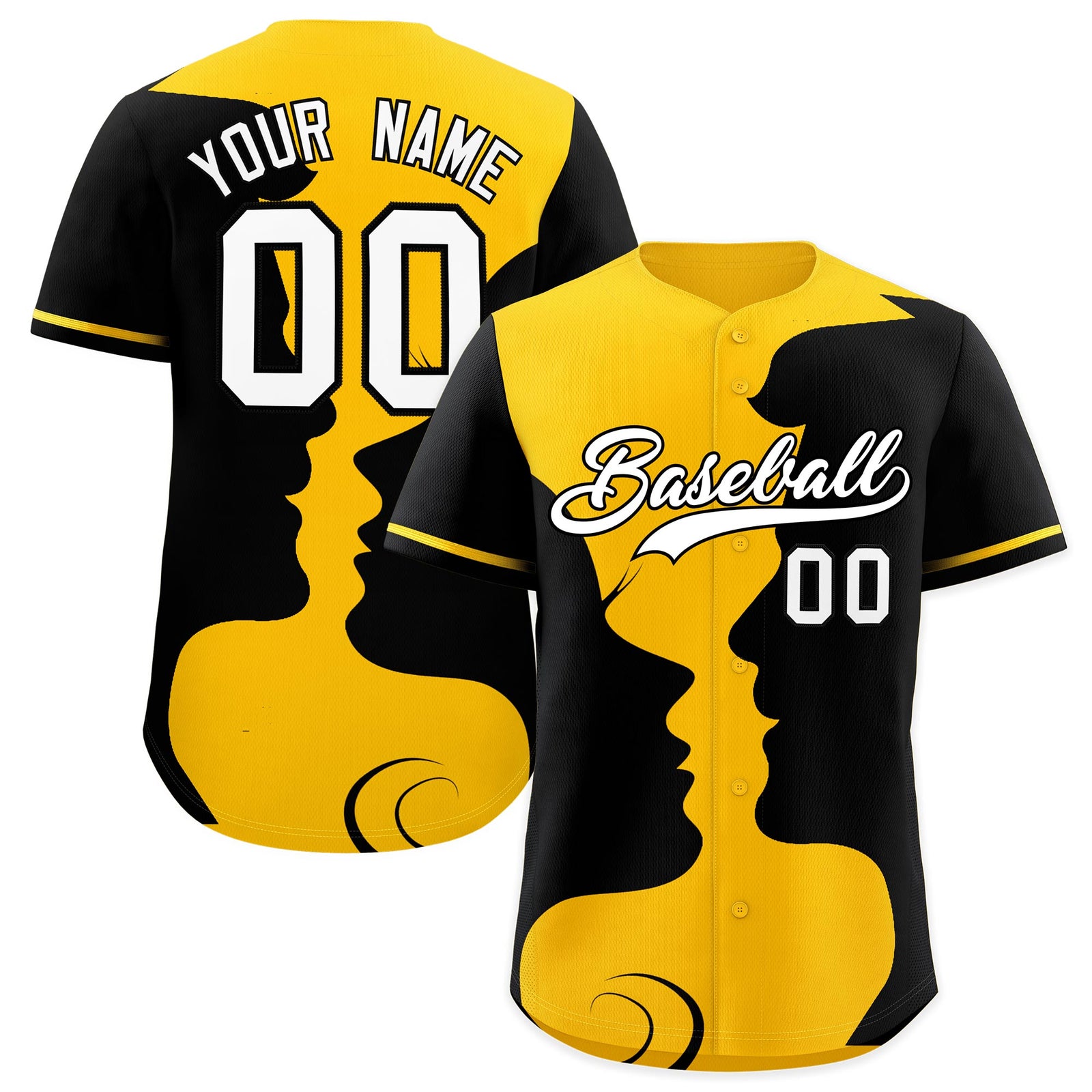 Custom Gold Black Silhouettes of Loving Couple Valentine's Day Baseball Jersey| KXKSHOP